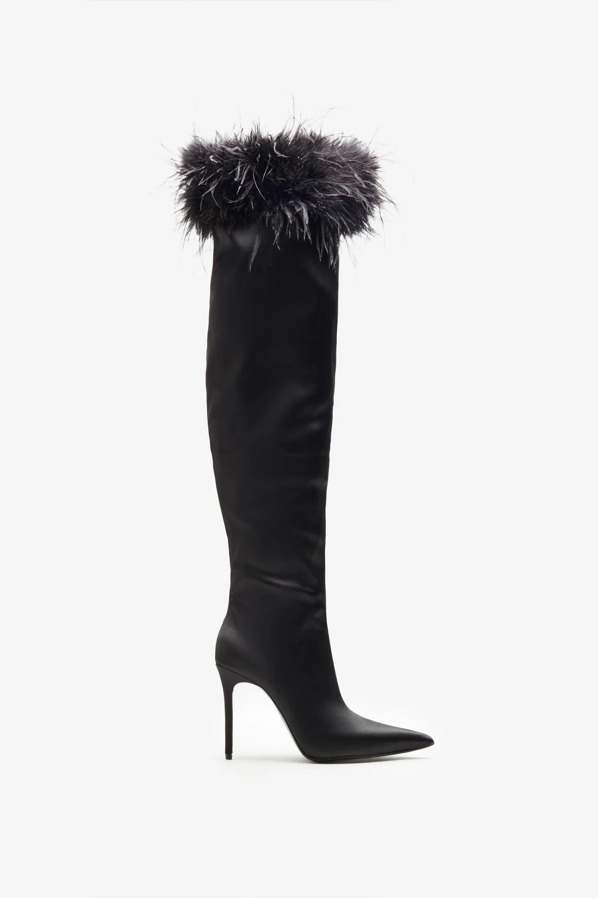 Soho Black Satin Pointed Heeled Boots With Feather Trims