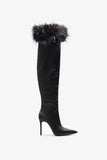 Soho Black Satin Pointed Heeled Boots With Feather Trims