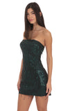 Strapless Green Sequin Fringe Dress in Black