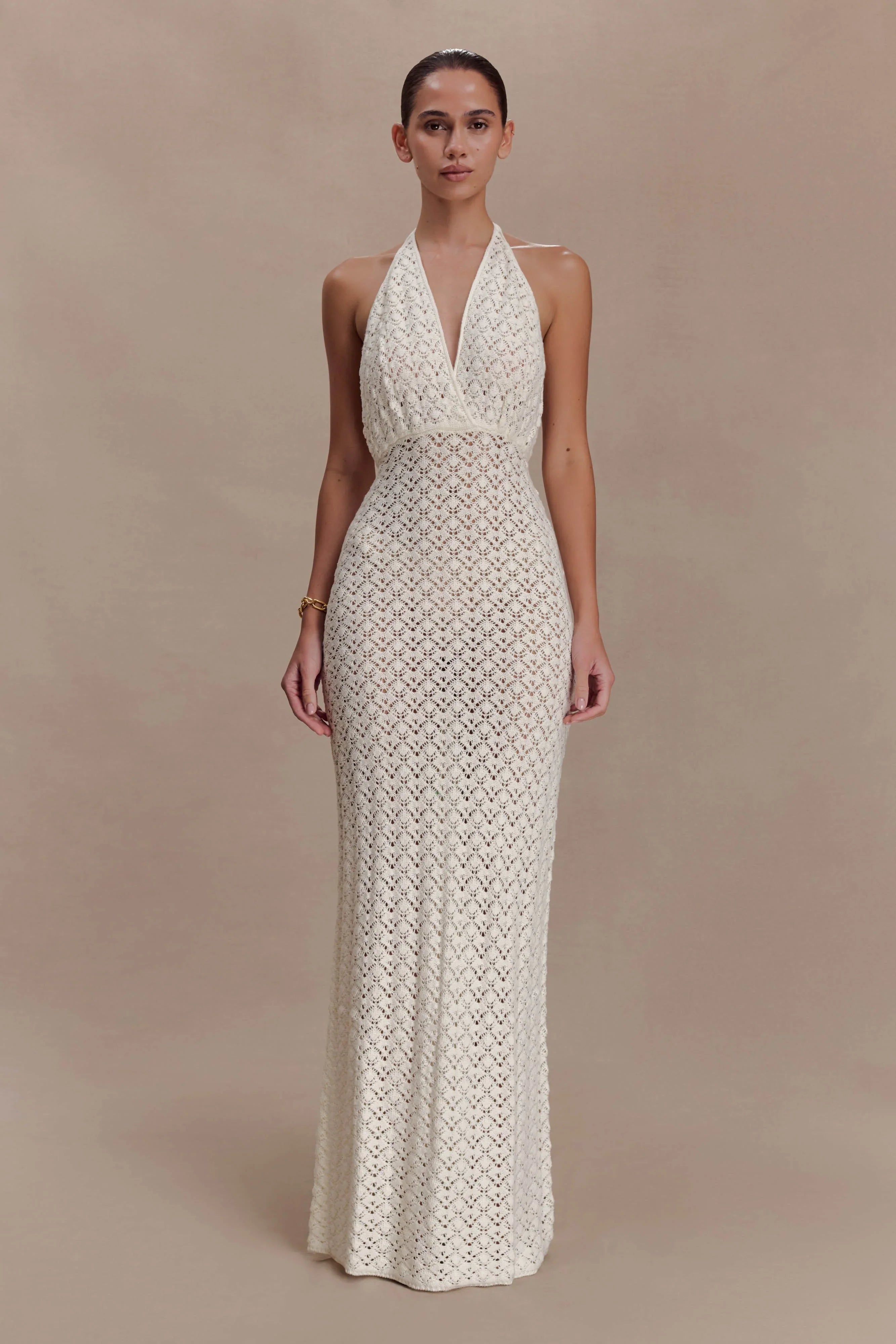 Deeliah Halterneck Crochet Maxi Dress Ivory