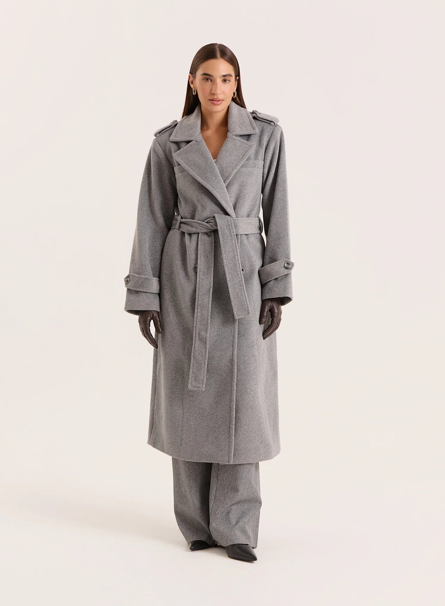 Grey Tailored Belted Longline Trench Coat