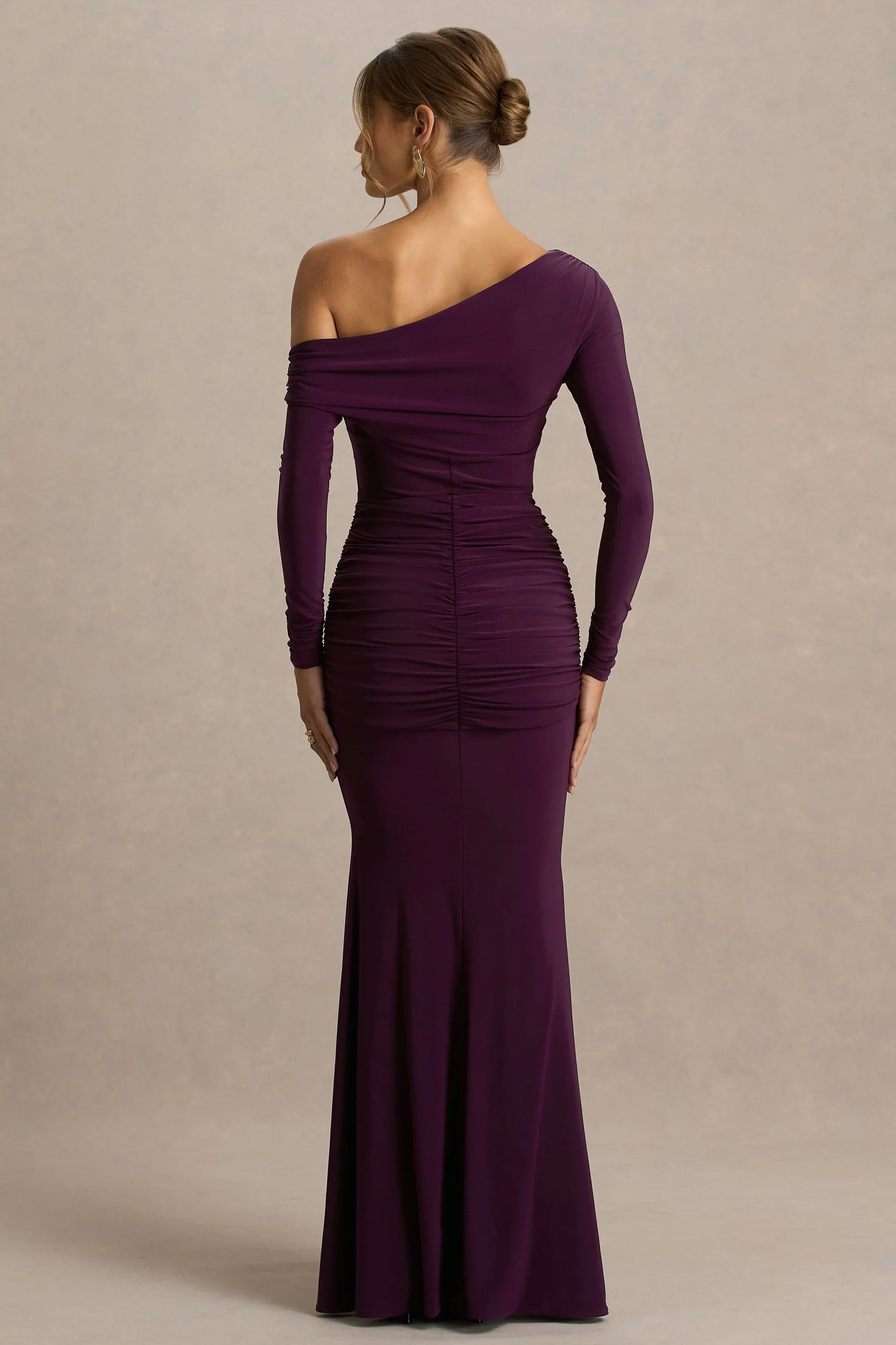 Clover Burgundy Asymmetric Neck Wrapped Maxi Dress With Sash