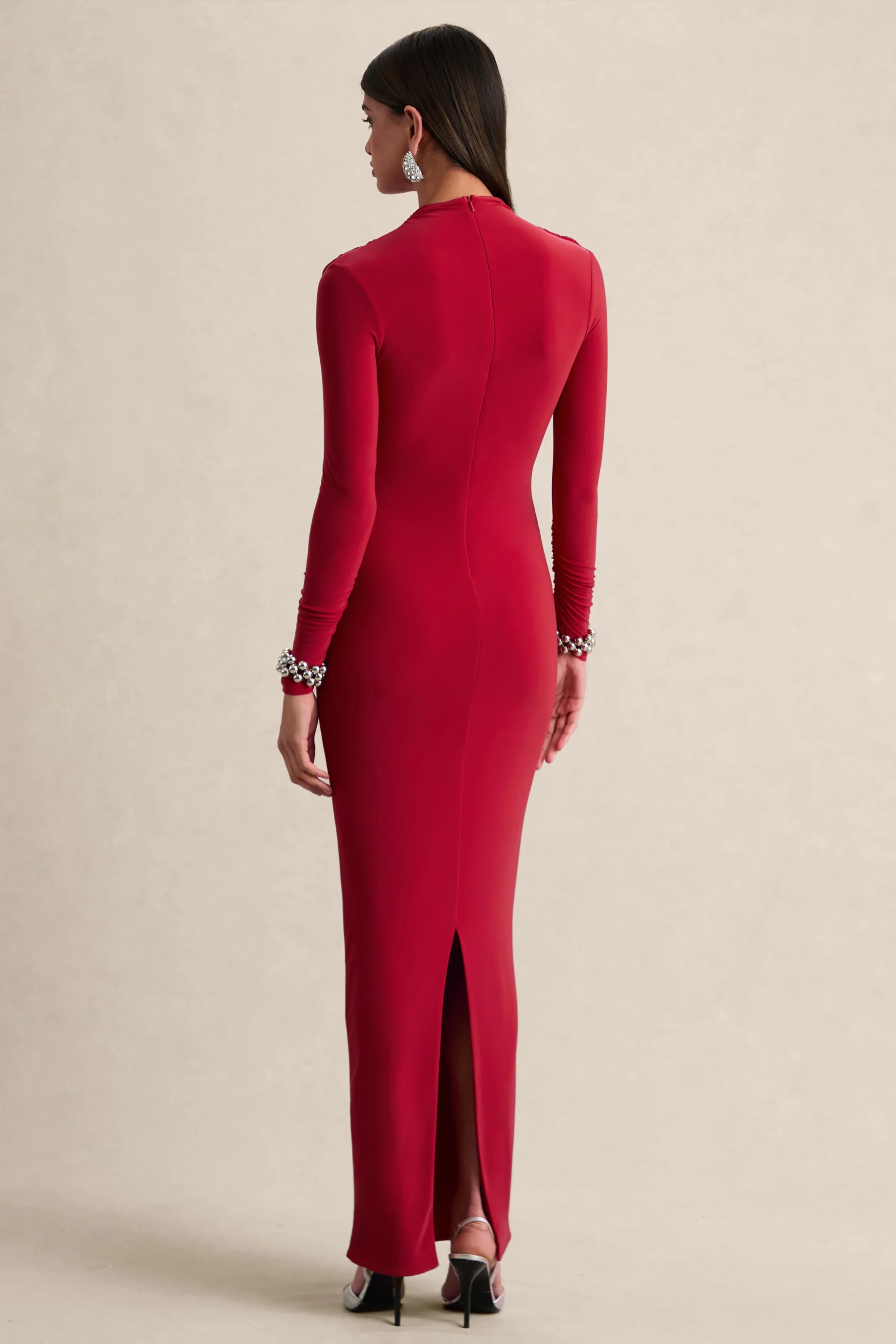 Karinthia Red High Neck Maxi Dress With Draped Detailing