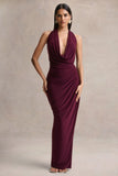 Cairo Burgundy Cowl Neck Maxi Dress With Gathered Detailing