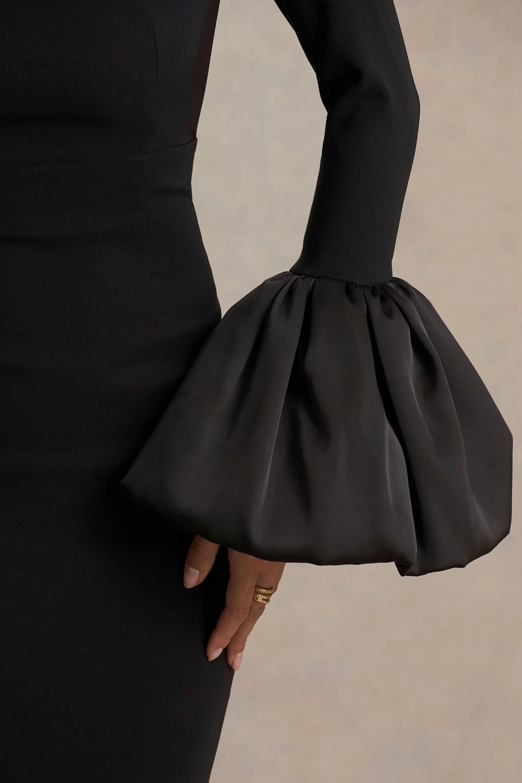 Retreat Black Square Neck Maxi Dress With Satin Puff Sleeves