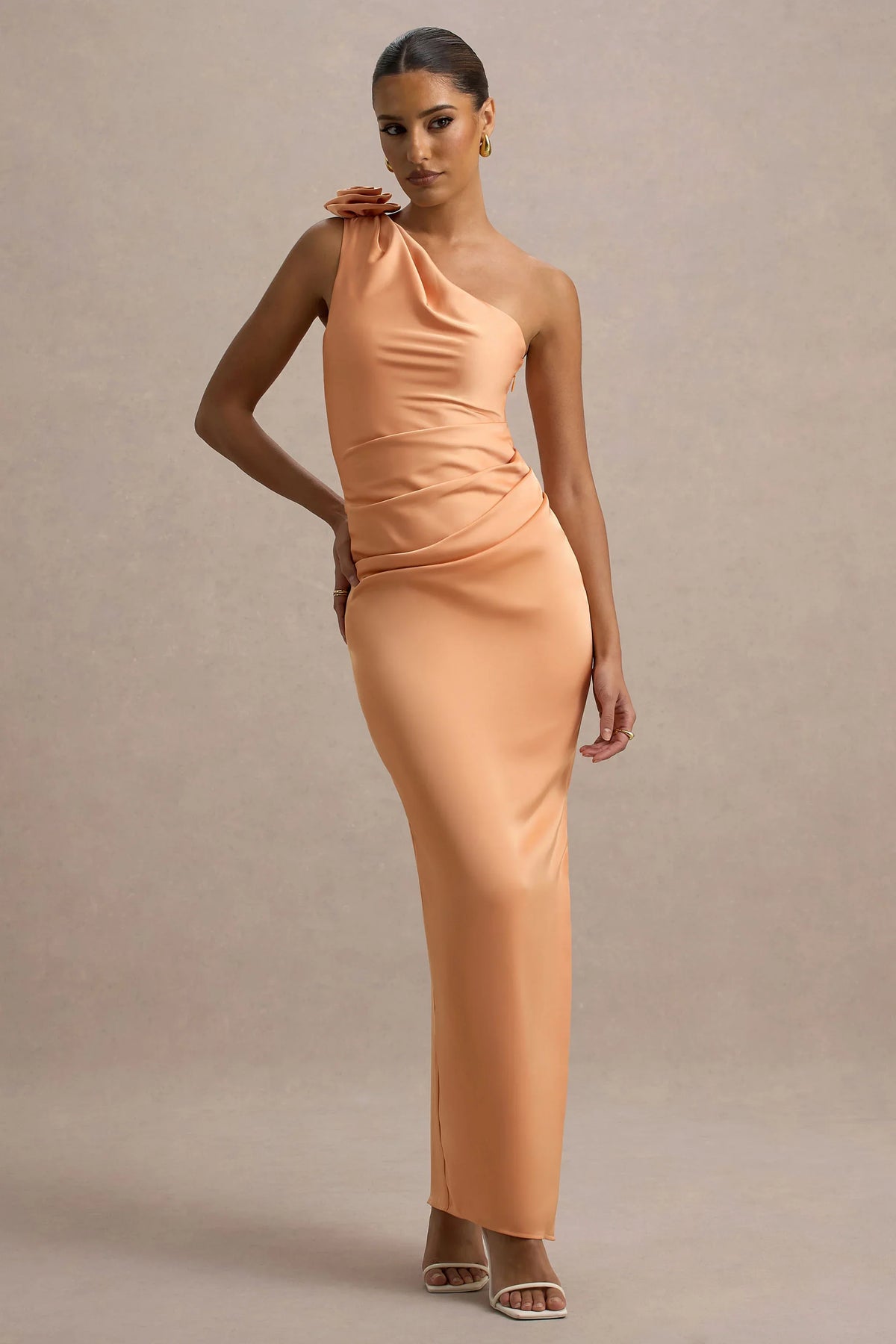 Janette Peach Satin One Shoulder Split Maxi Dress With Corsage