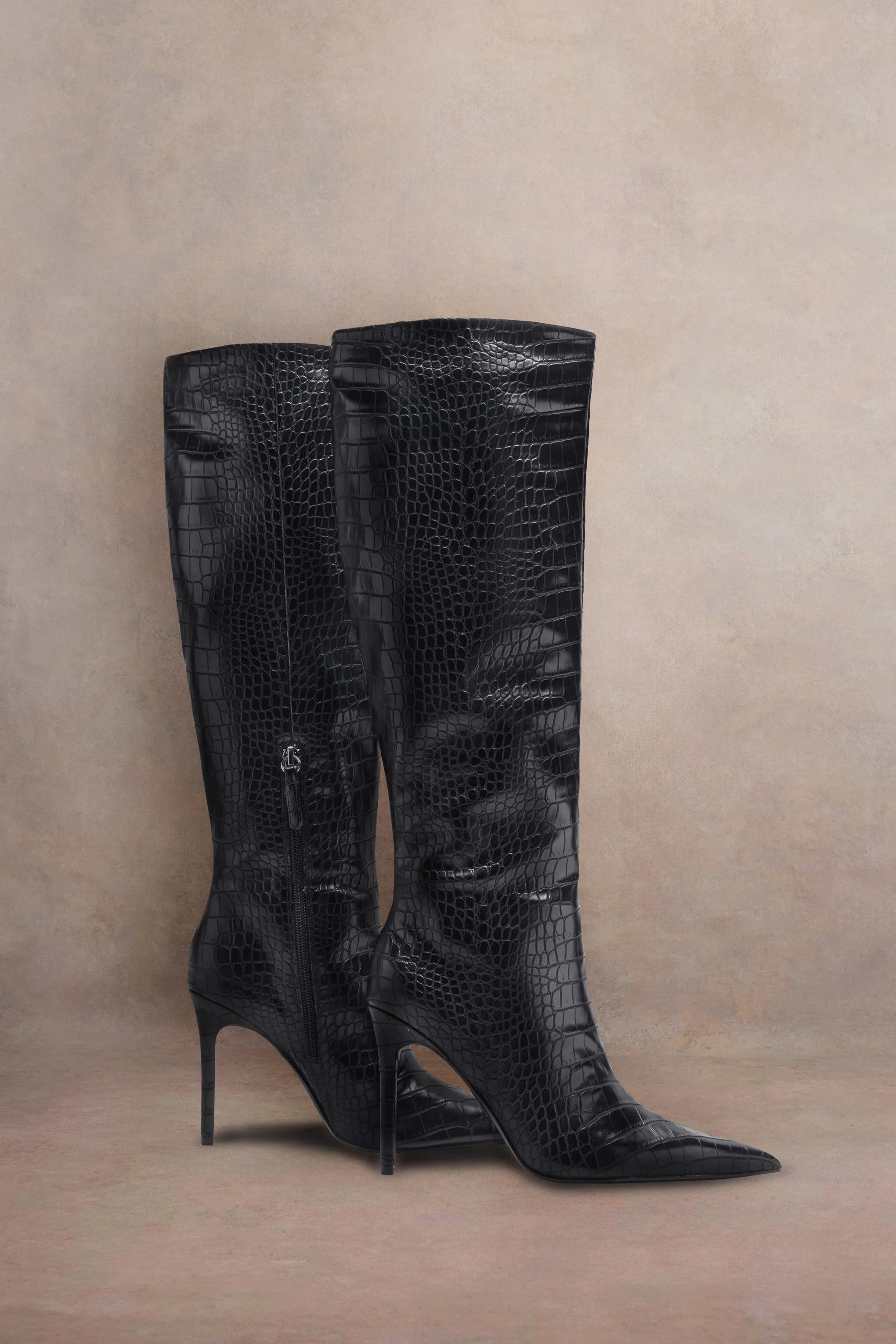 Uptown Black Croc Fitted Over Knee Pointed Heeled Boots
