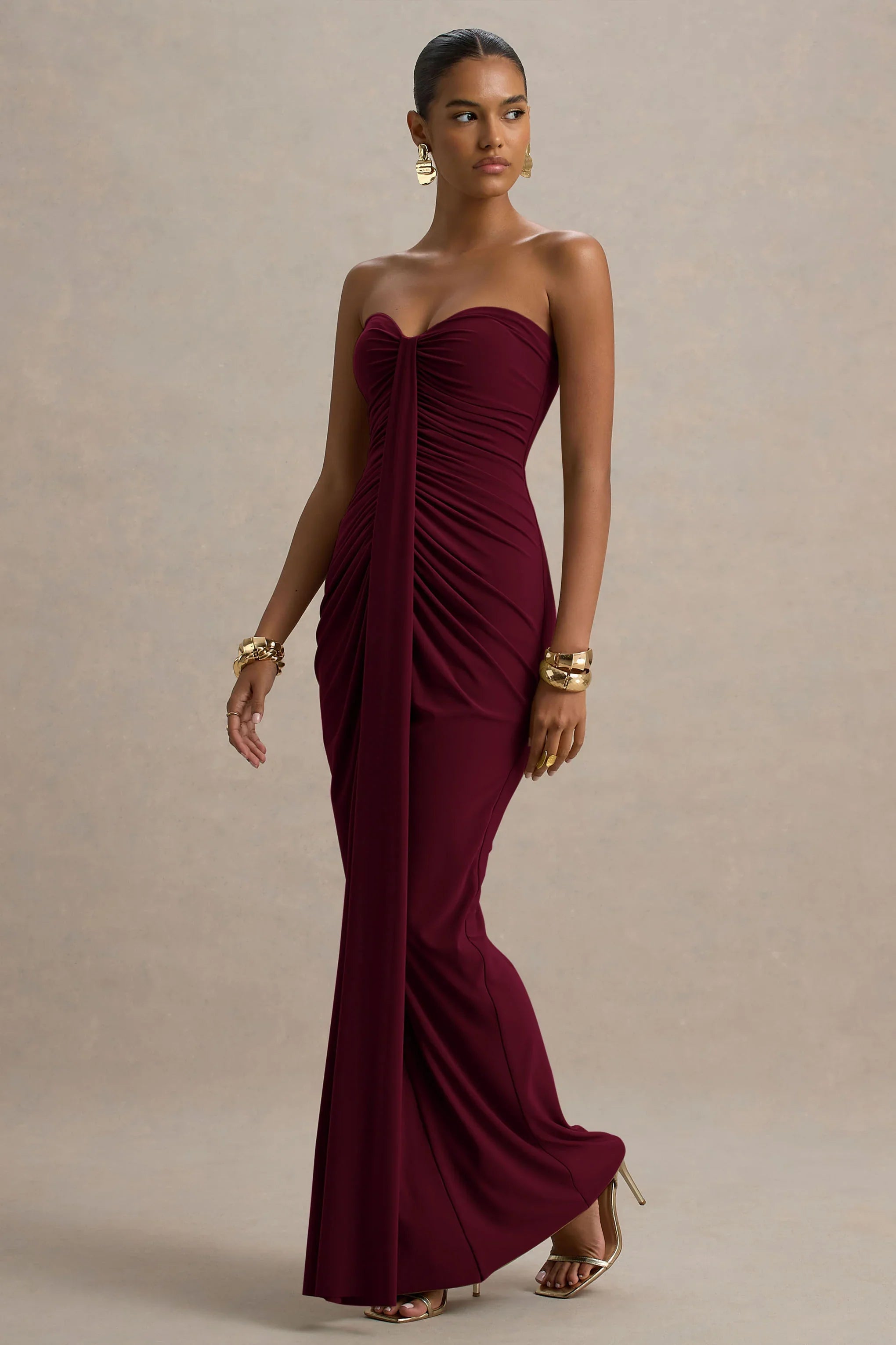 Ali Burgundy Sweetheart Ruched Wrap Maxi Dress