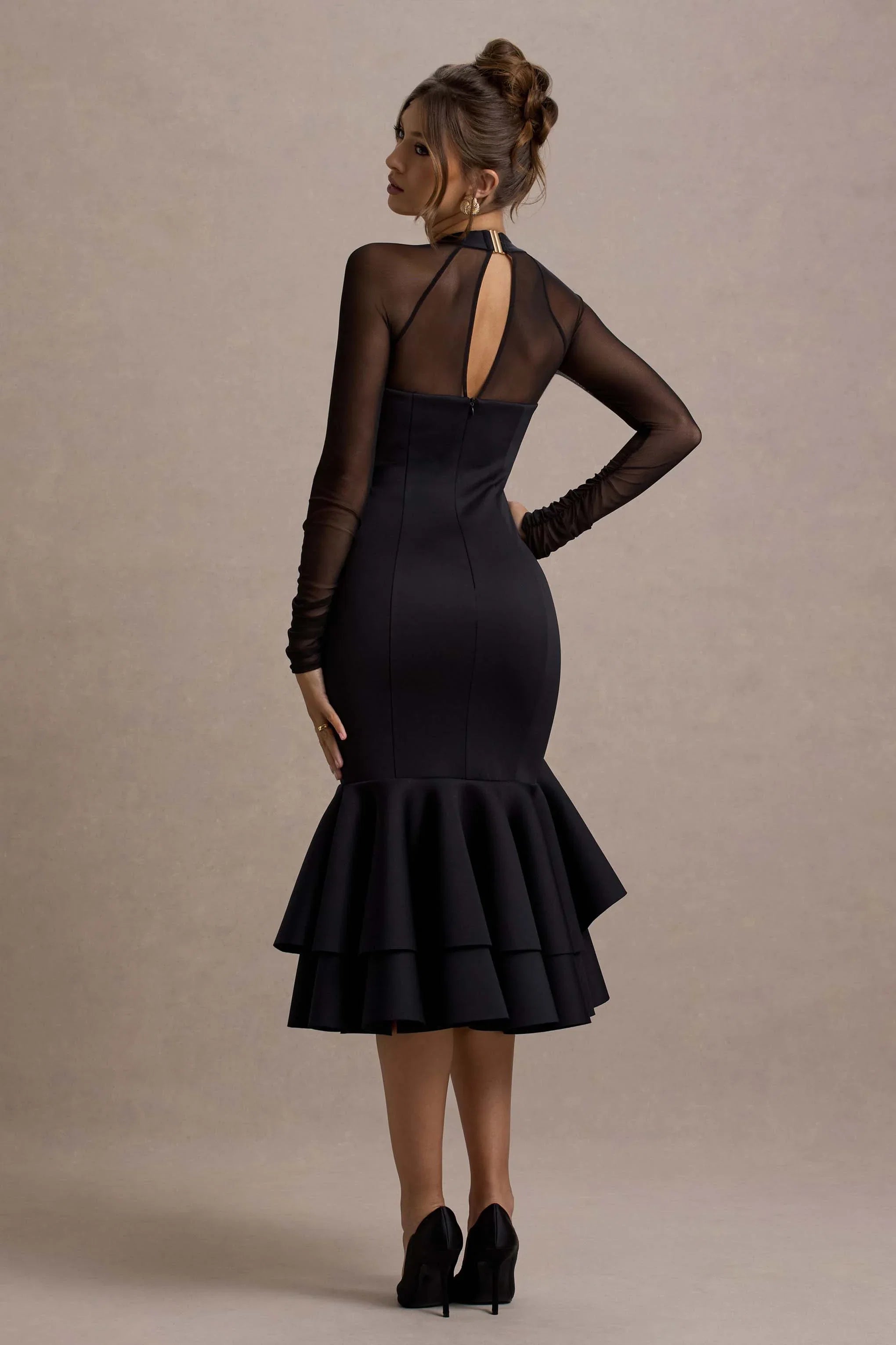 Sander Black Mesh Long Sleeve Ruffle Hem Midi Dress