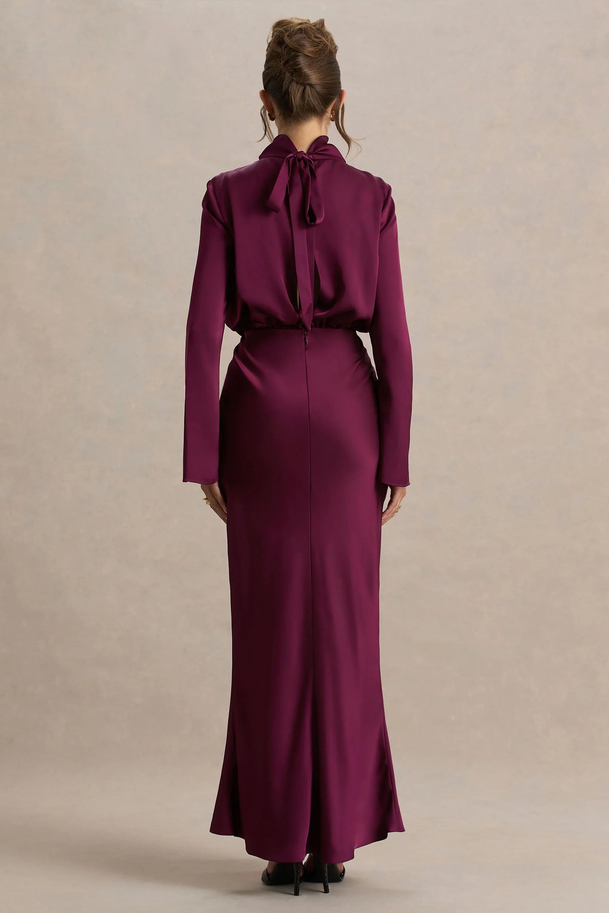 Celina Burgundy Satin High Neck Maxi Dress
