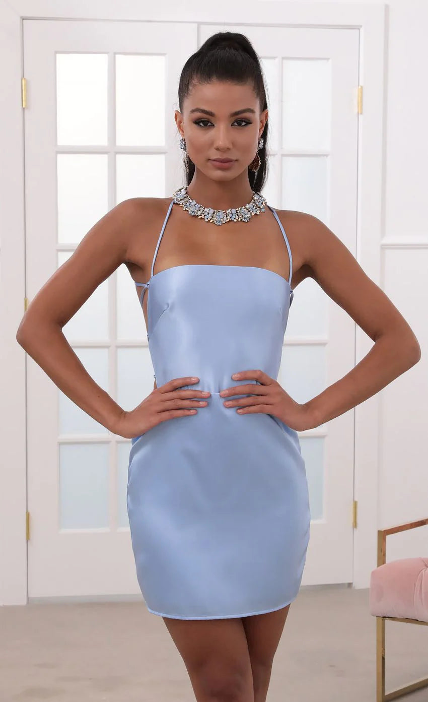 Satin Lace up Dress in Blue