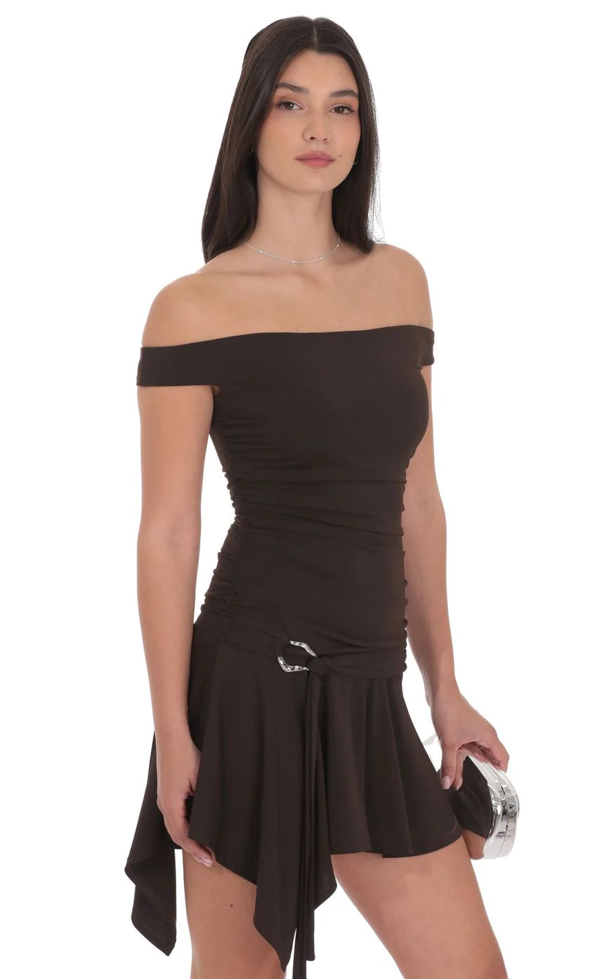 Embellished Off Shoulder Flare Dress in Brown