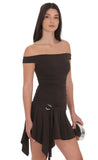 Embellished Off Shoulder Flare Dress in Brown