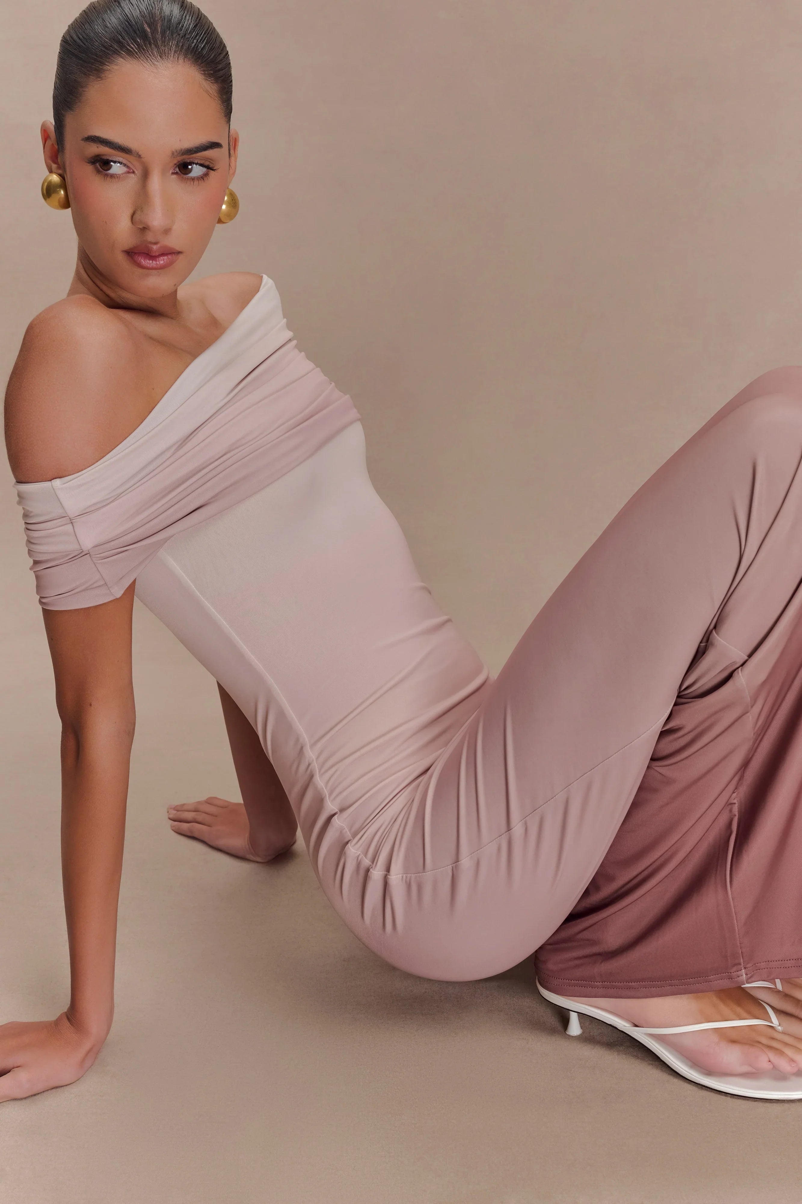 Cassandra Off Shoulder Slinky Maxi Dress Neutral Ombre