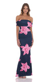 Off Shoulder Pink Floral Maxi Dress in Navy