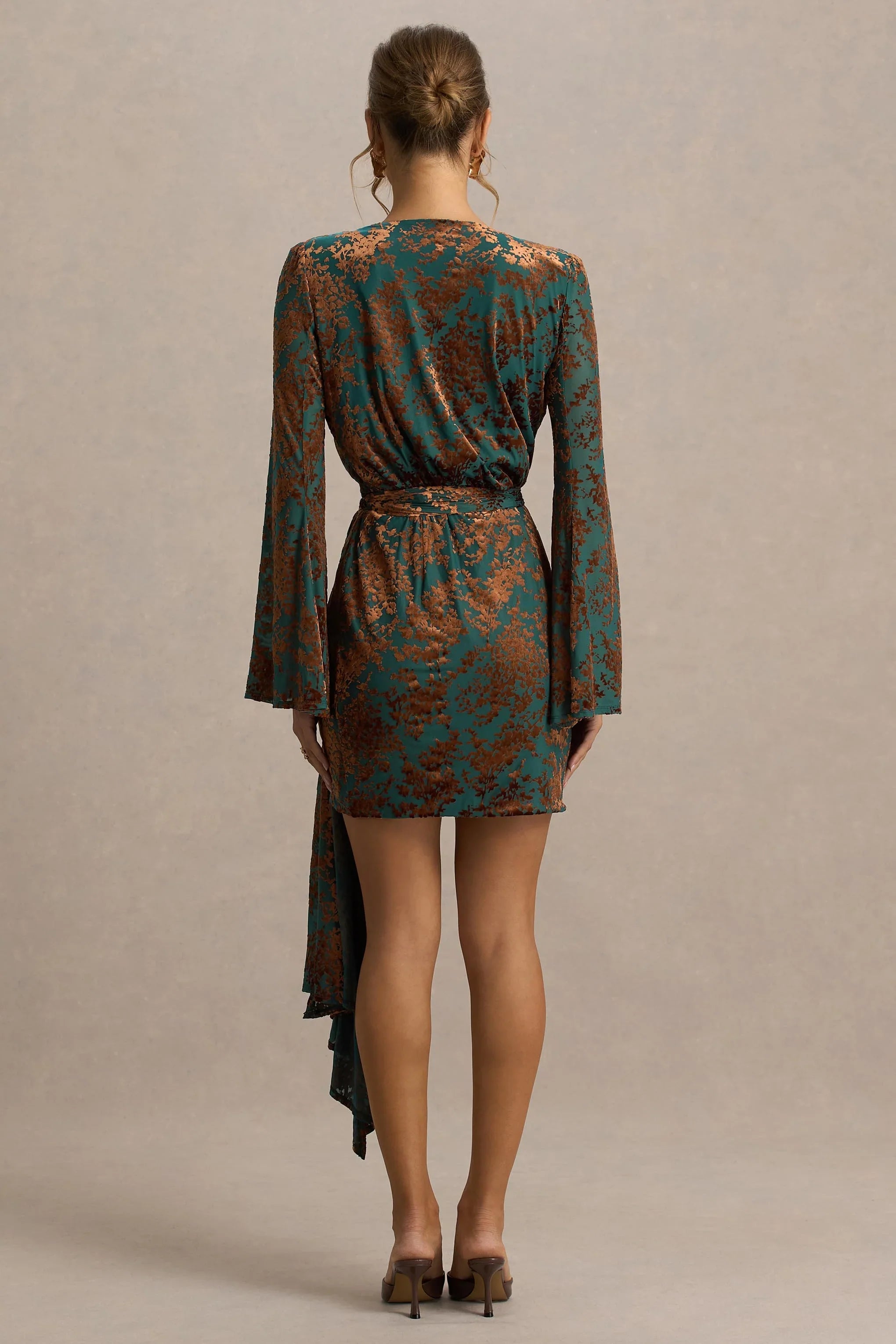 Dimitra Dark Green And Brown Velvet Devore Plunge Neck Wrap Mini Dress