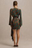 Dimitra Dark Green And Brown Velvet Devore Plunge Neck Wrap Mini Dress