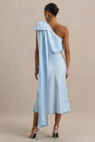 Celestia Powder Blue Satin Asymmetric Neck Midi Dress With Cape Detail