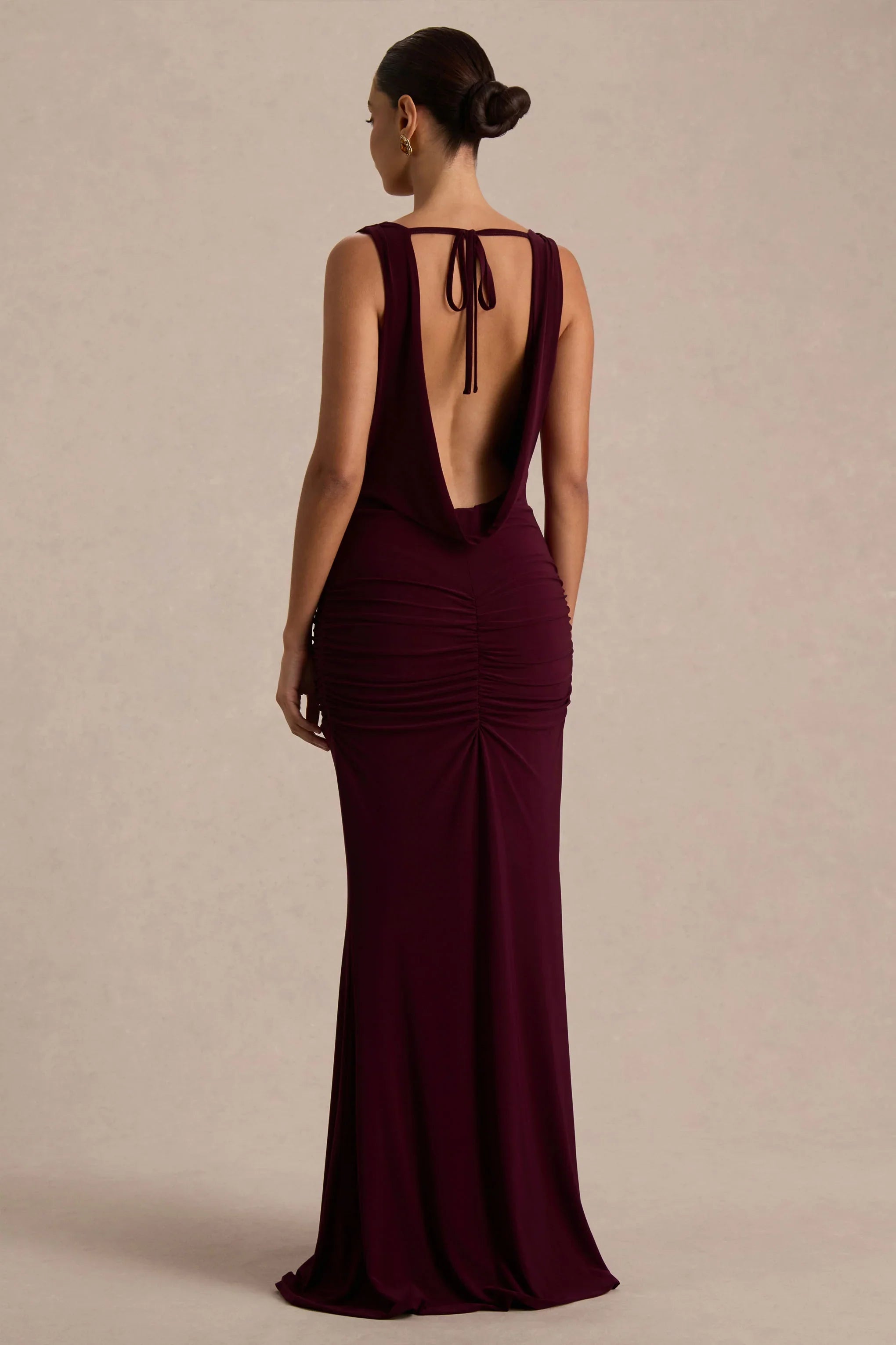 Mallie Burgundy Cowl Neck Maxi Dress With Open Back And Gathered Detailing