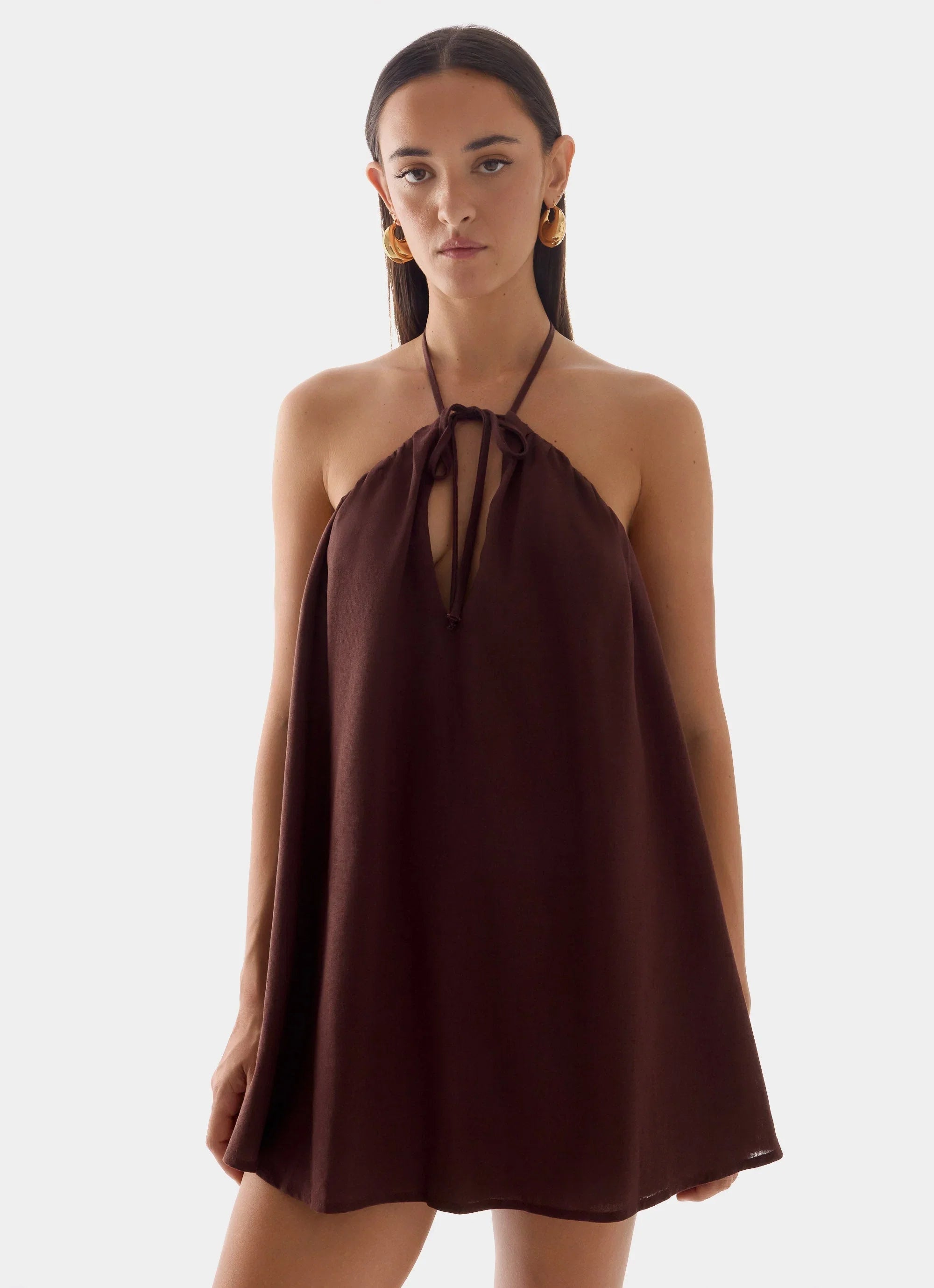 Soft Breeze Linen Mini Dress Chocolate