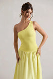 Sorbet Lemon Poplin One Shoulder Pleated Maxi Dress