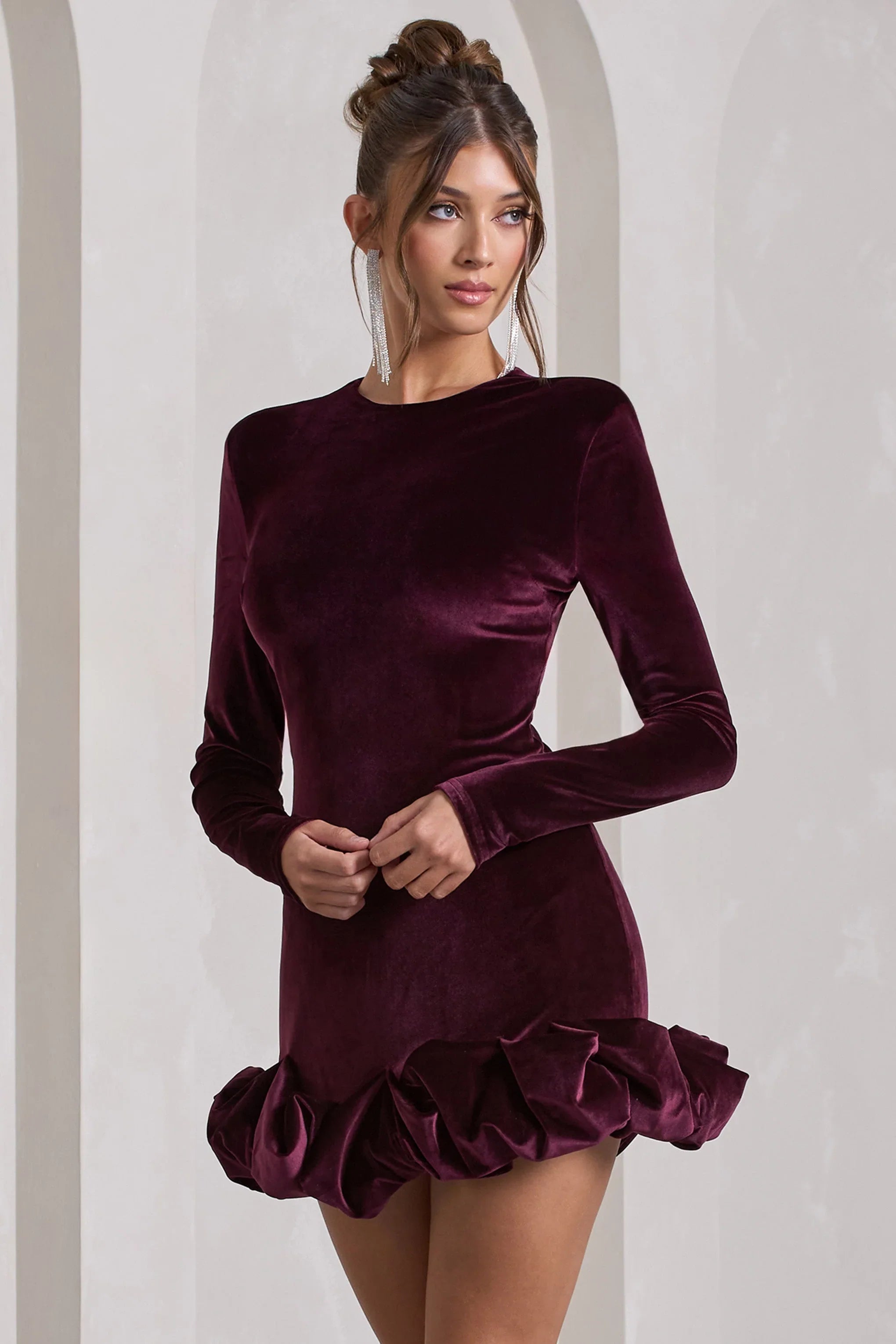 Claudine Port Velvet Long Sleeved Ruffled Mini Dress