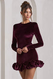 Claudine Port Velvet Long Sleeved Ruffled Mini Dress