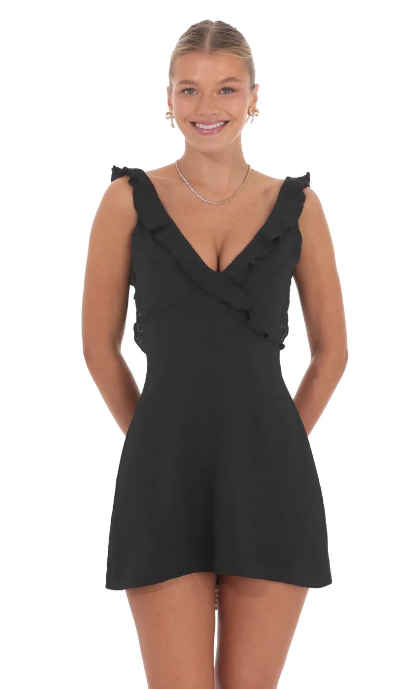 Ruffle V Neck Dress in Black