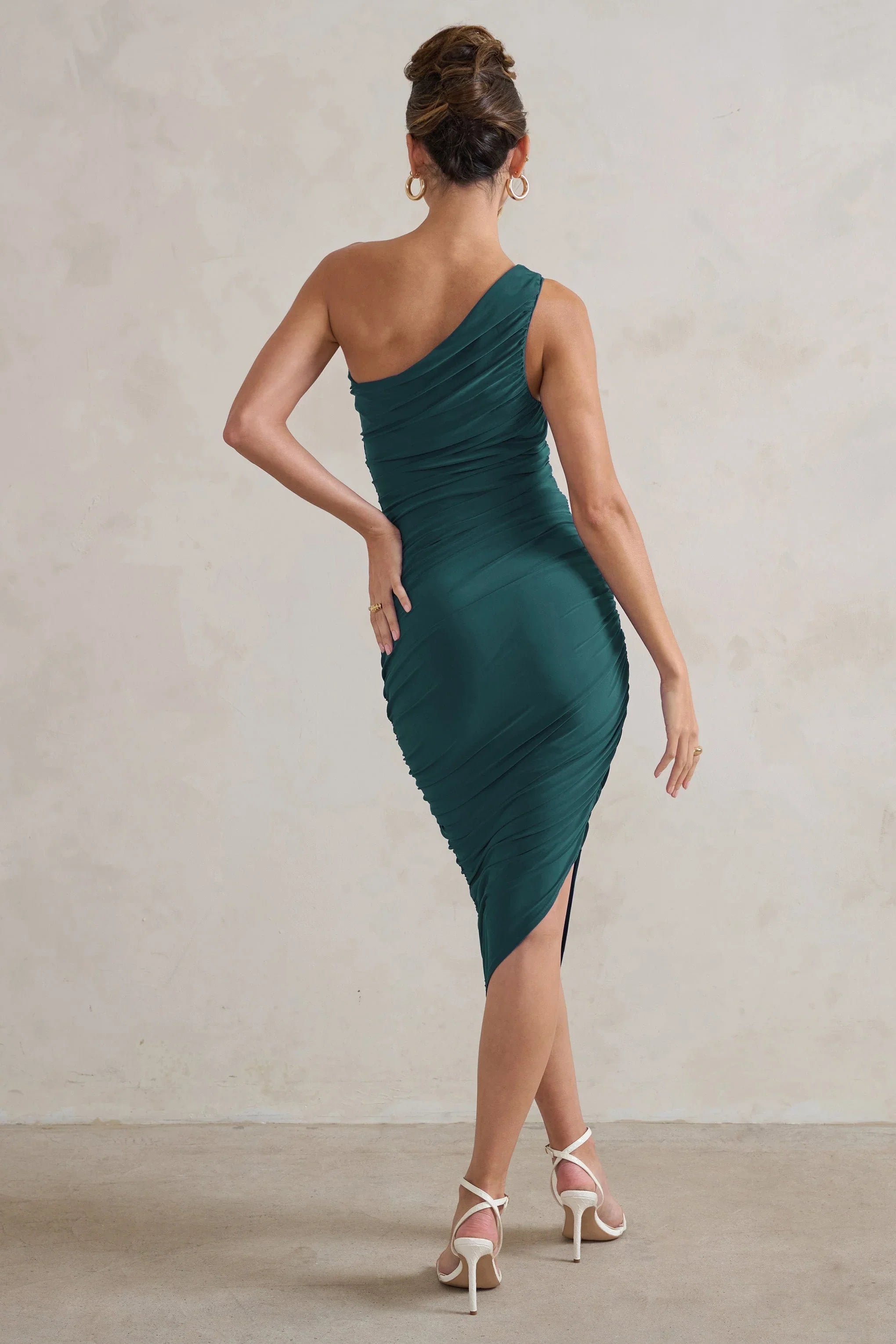 Dorit Bottle Green One Shoulder Asymmetric Ruched Midi Dress