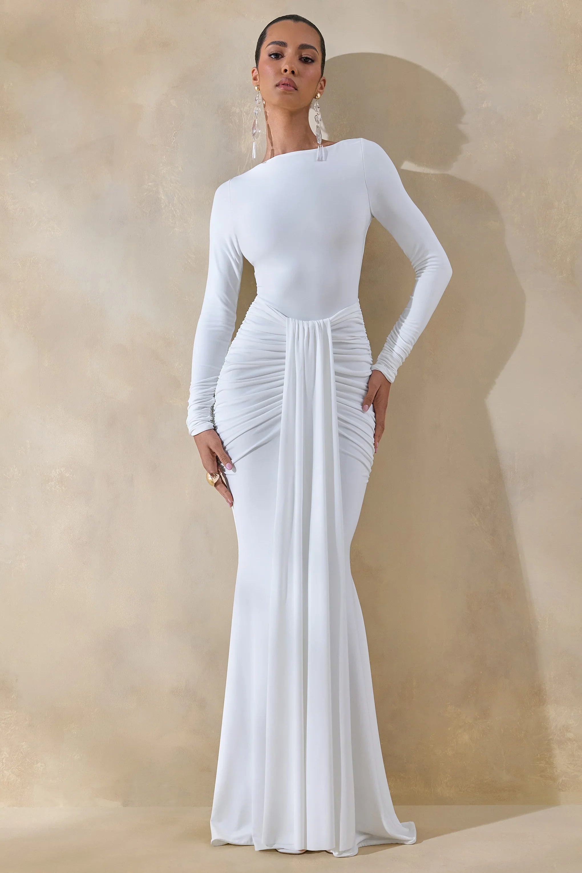 Liatris White Wide Neck Maxi Dress With Gathered Detailing