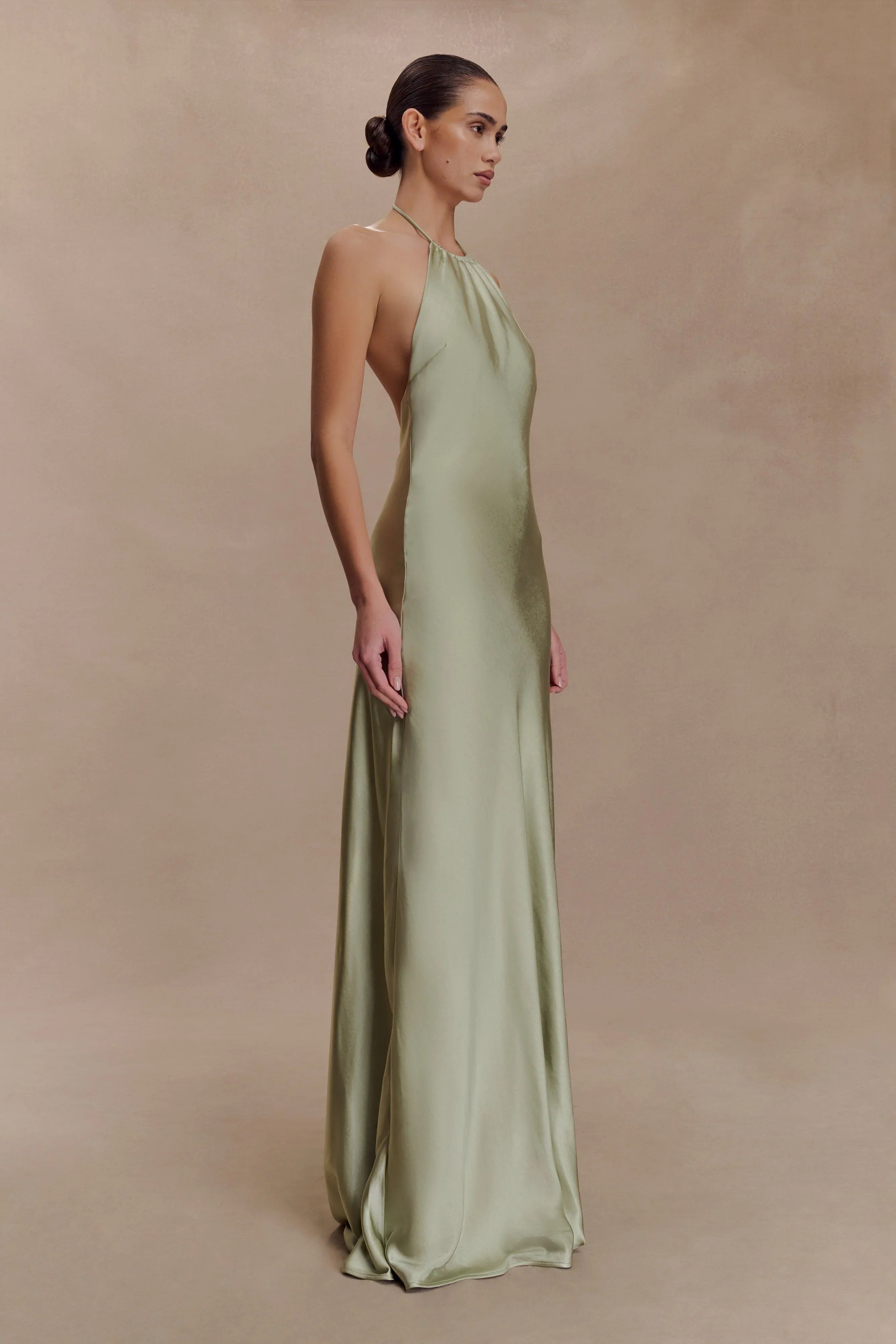 Bella Satin Halter Maxi Dress Sage