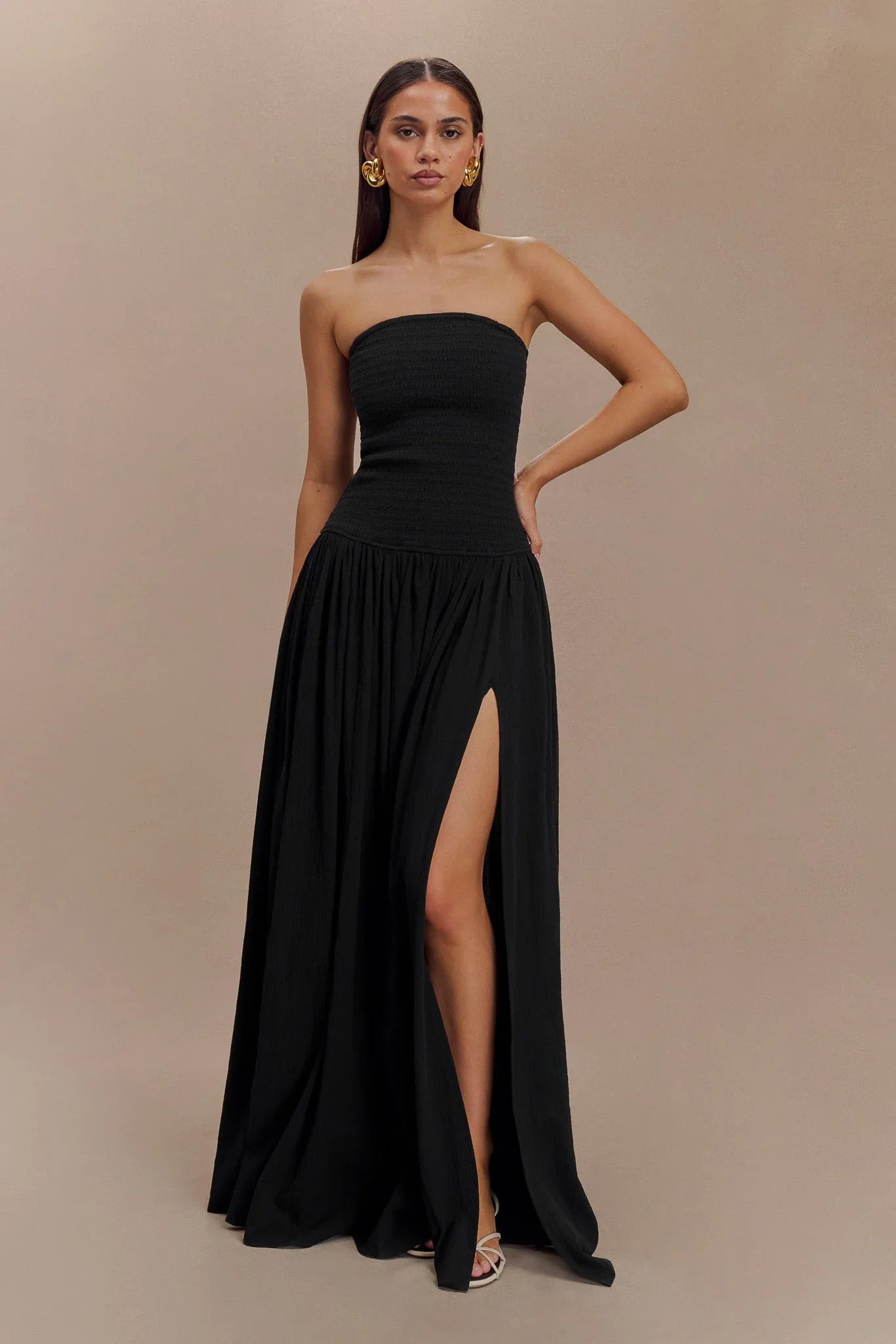 Maureen Cotton Shirring Maxi Dress Black