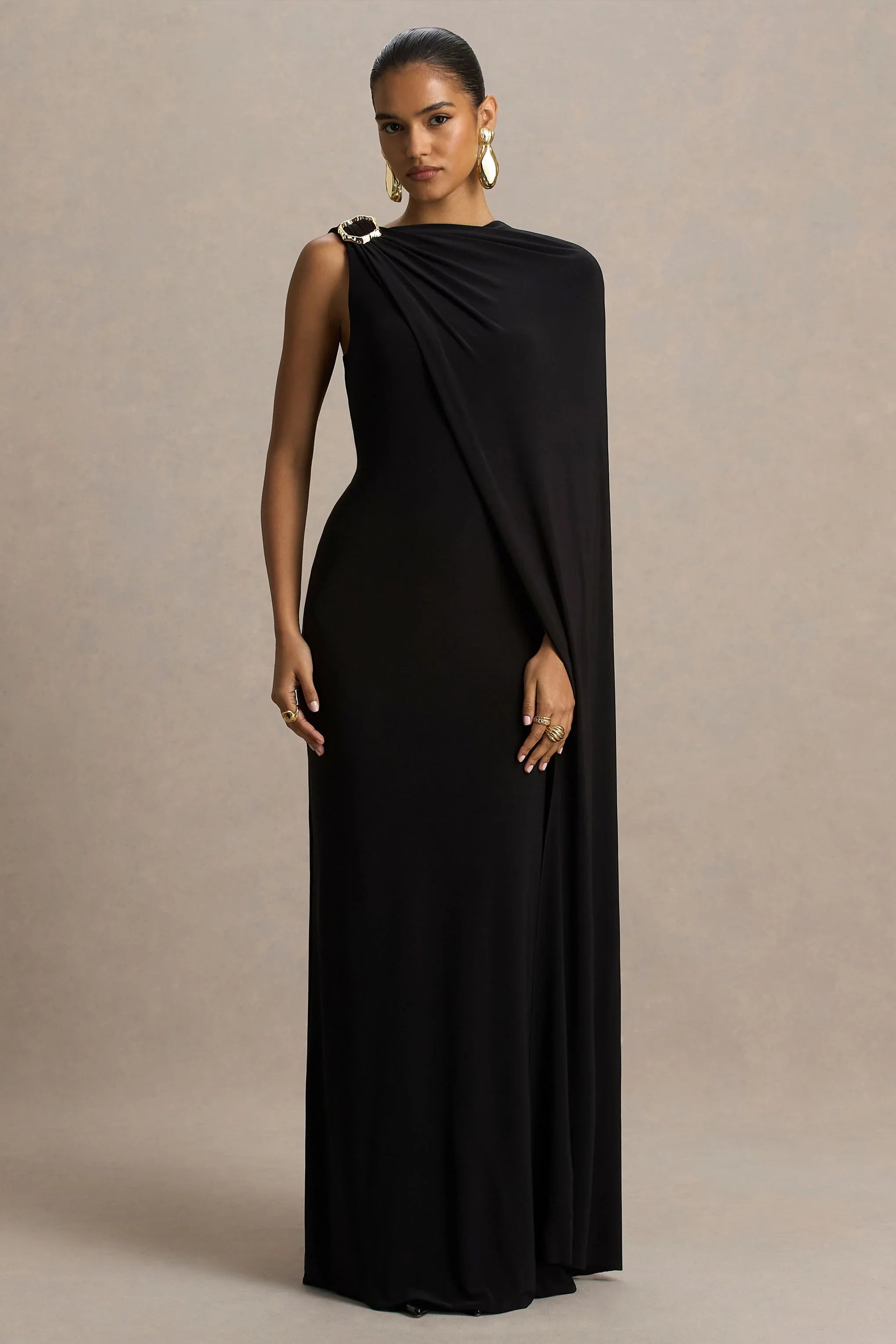 Cressida Black Asymmetric Neck Maxi Dress With Cape And Gold Detail