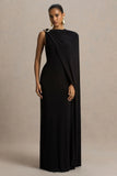 Cressida Black Asymmetric Neck Maxi Dress With Cape And Gold Detail