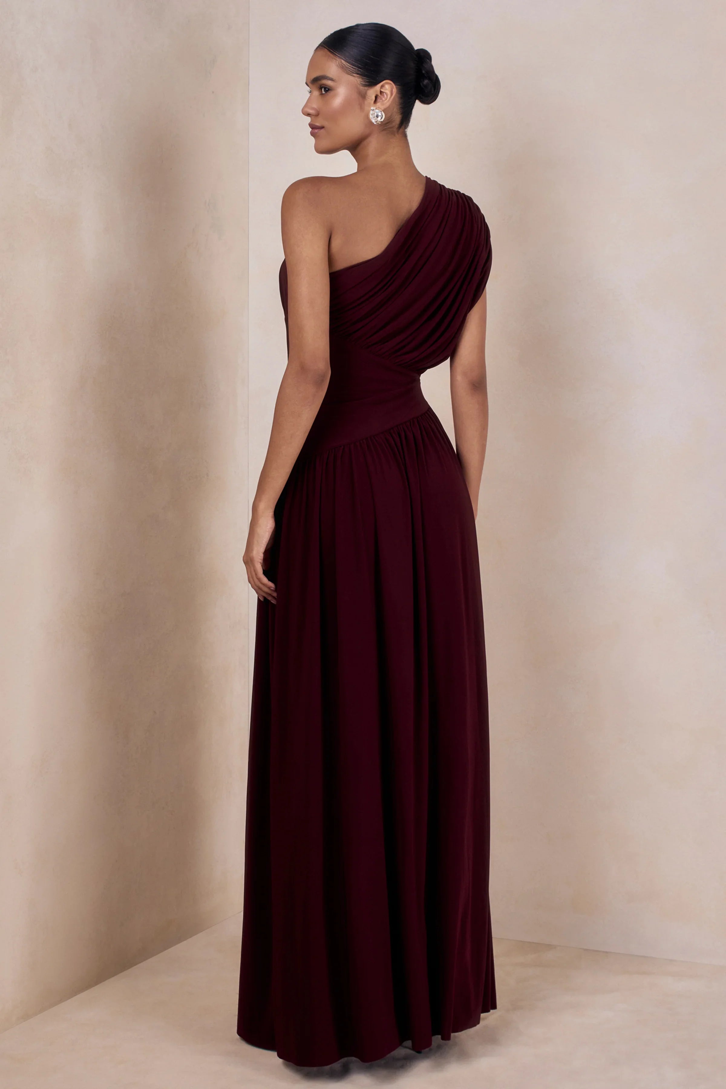 Kelsey Burgundy Asymmetric Neck Maxi Dress With Ruched Detailing