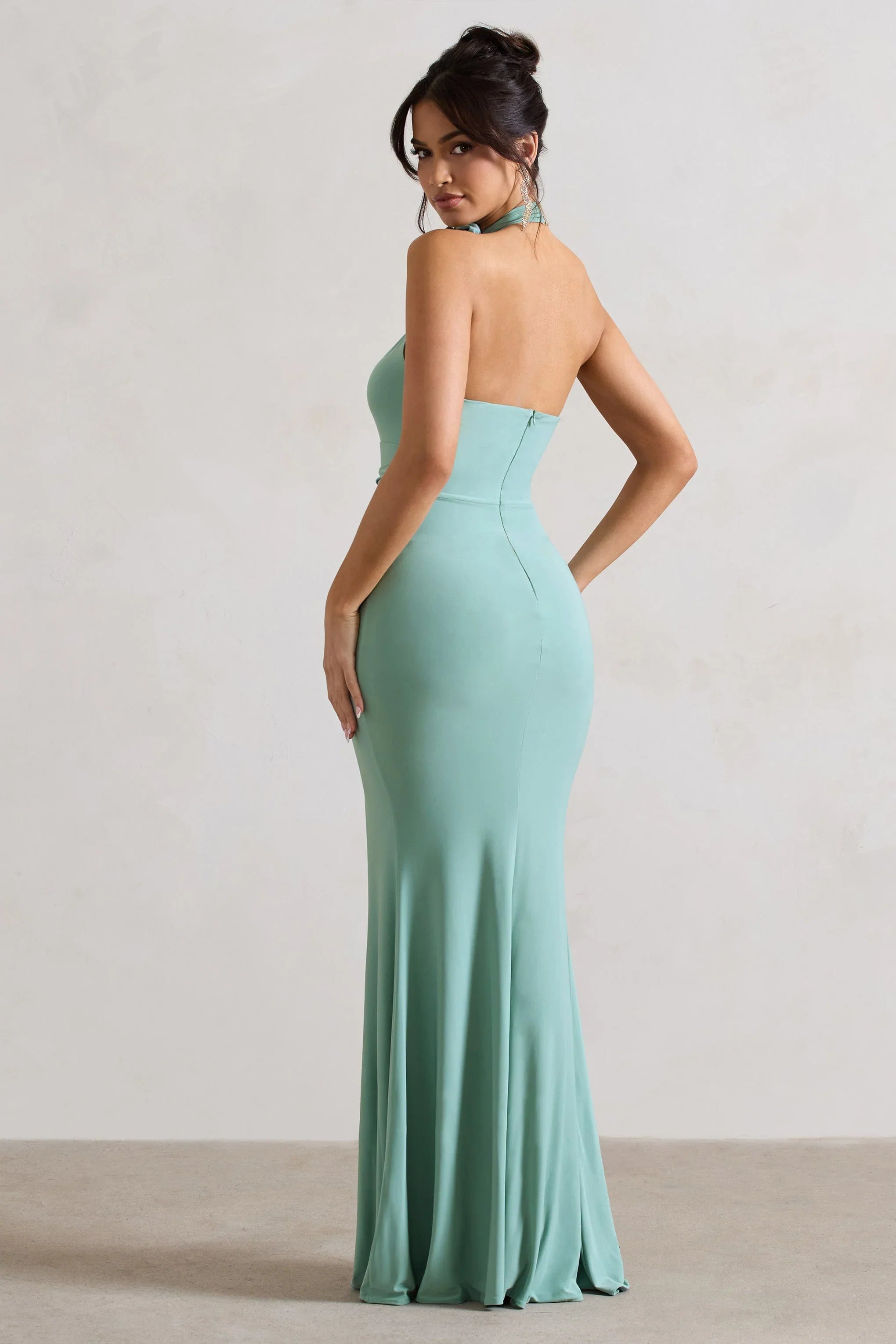 Kira Sage Halter Neck Cut Out Split Maxi Dress With Flowers