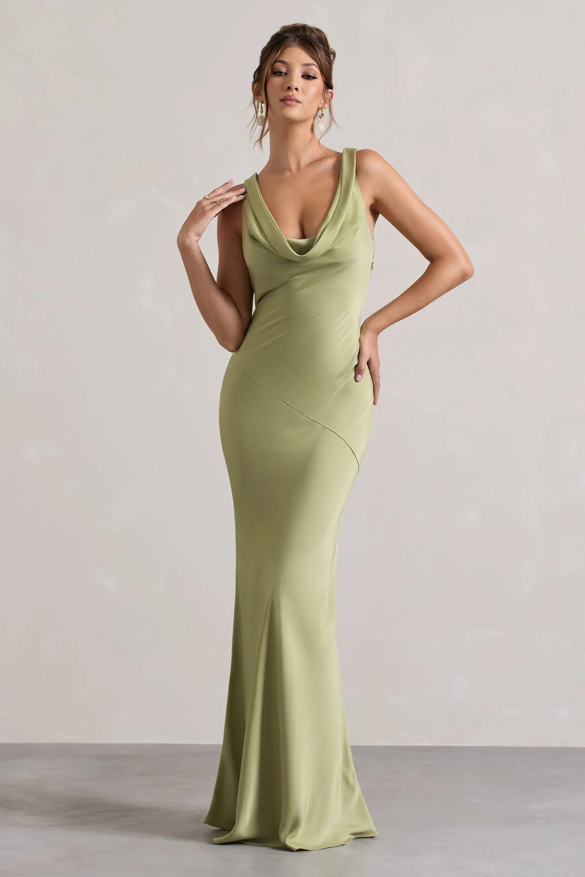 Alesso Light Olive Satin Cowl Neck Maxi Dress