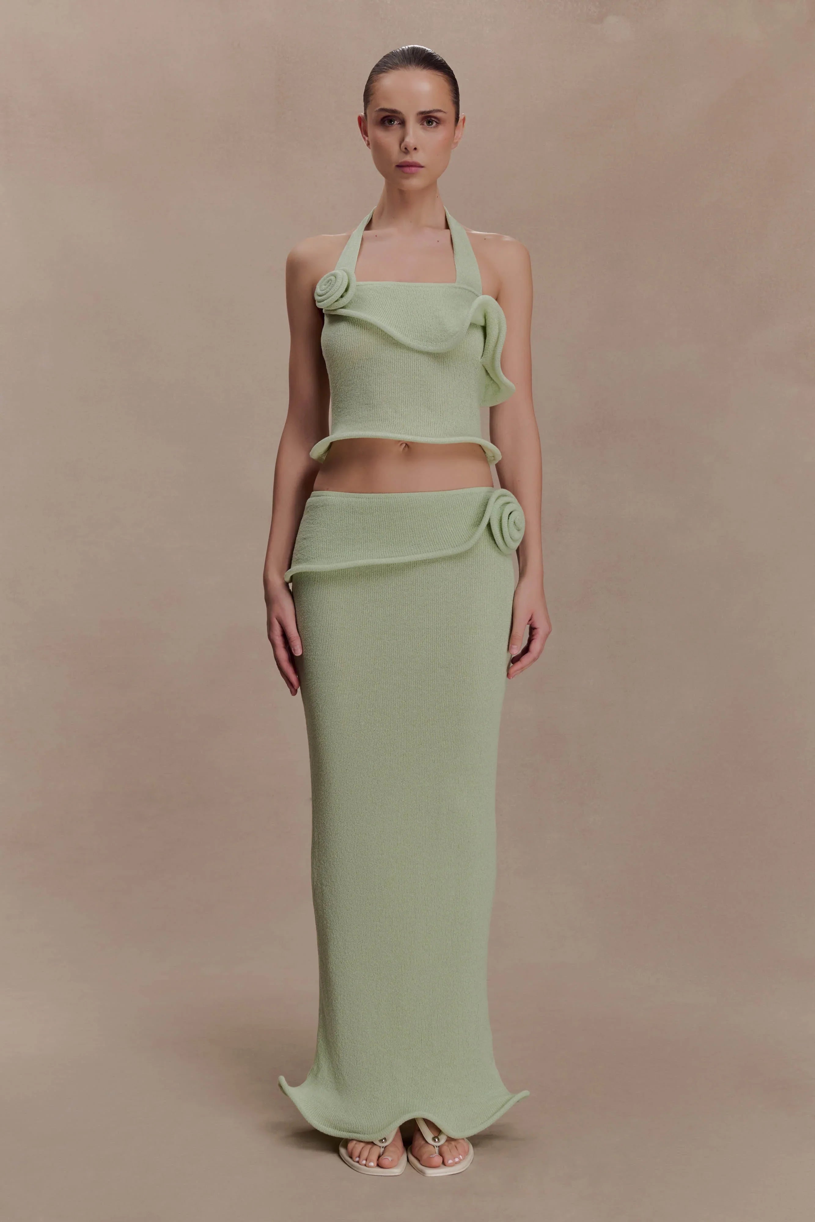 Samira Halter Knit Twist Top Pastel Green