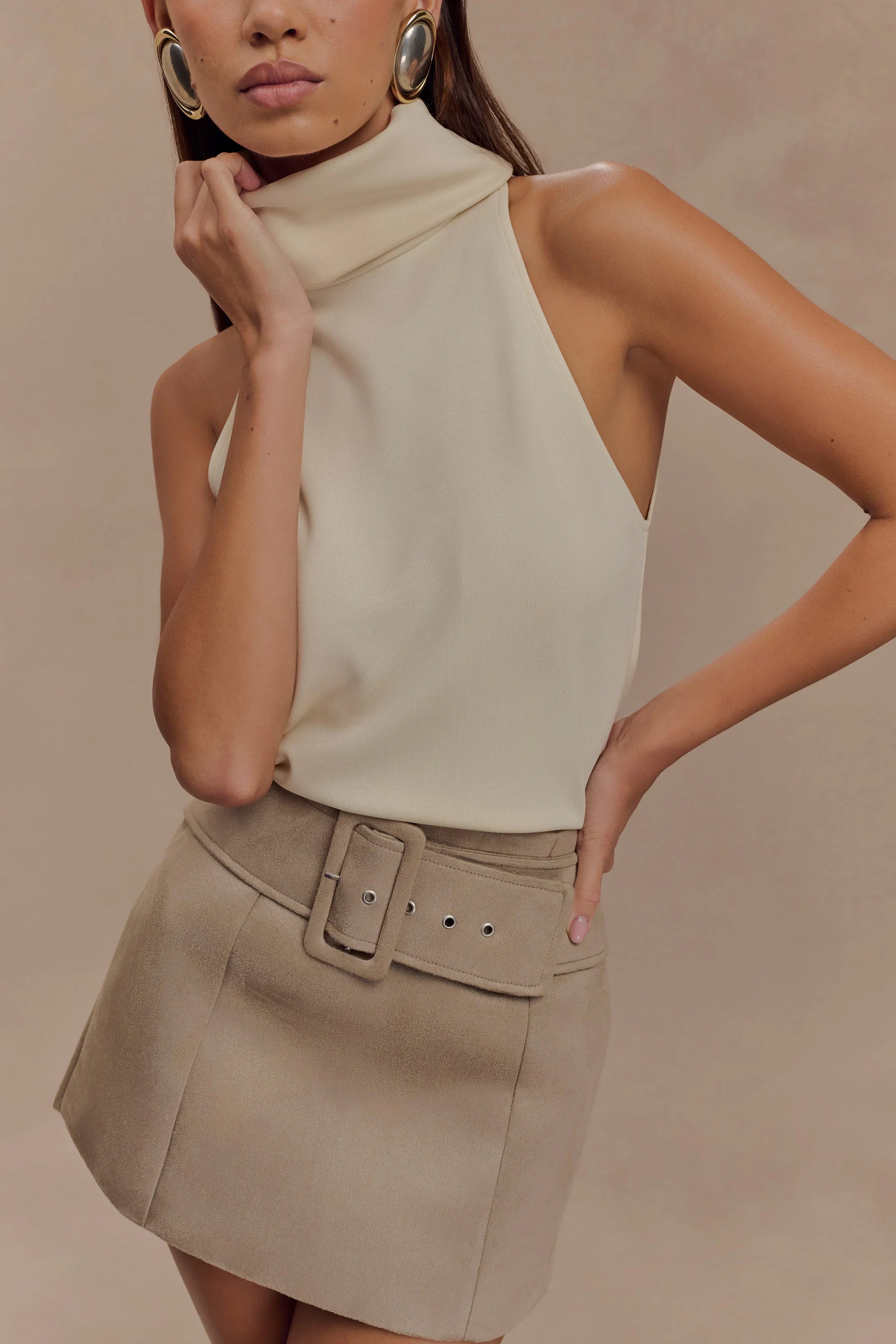 Hayes Faux Suede Belted Mini Skirt Sand