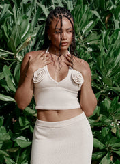 Cream Knit Corsage Halterneck Top