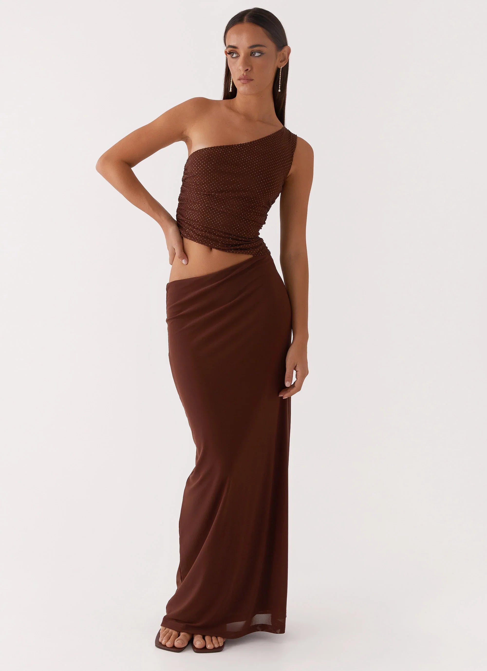 Seranella Sequin One Shoulder Maxi Dress Chocolate