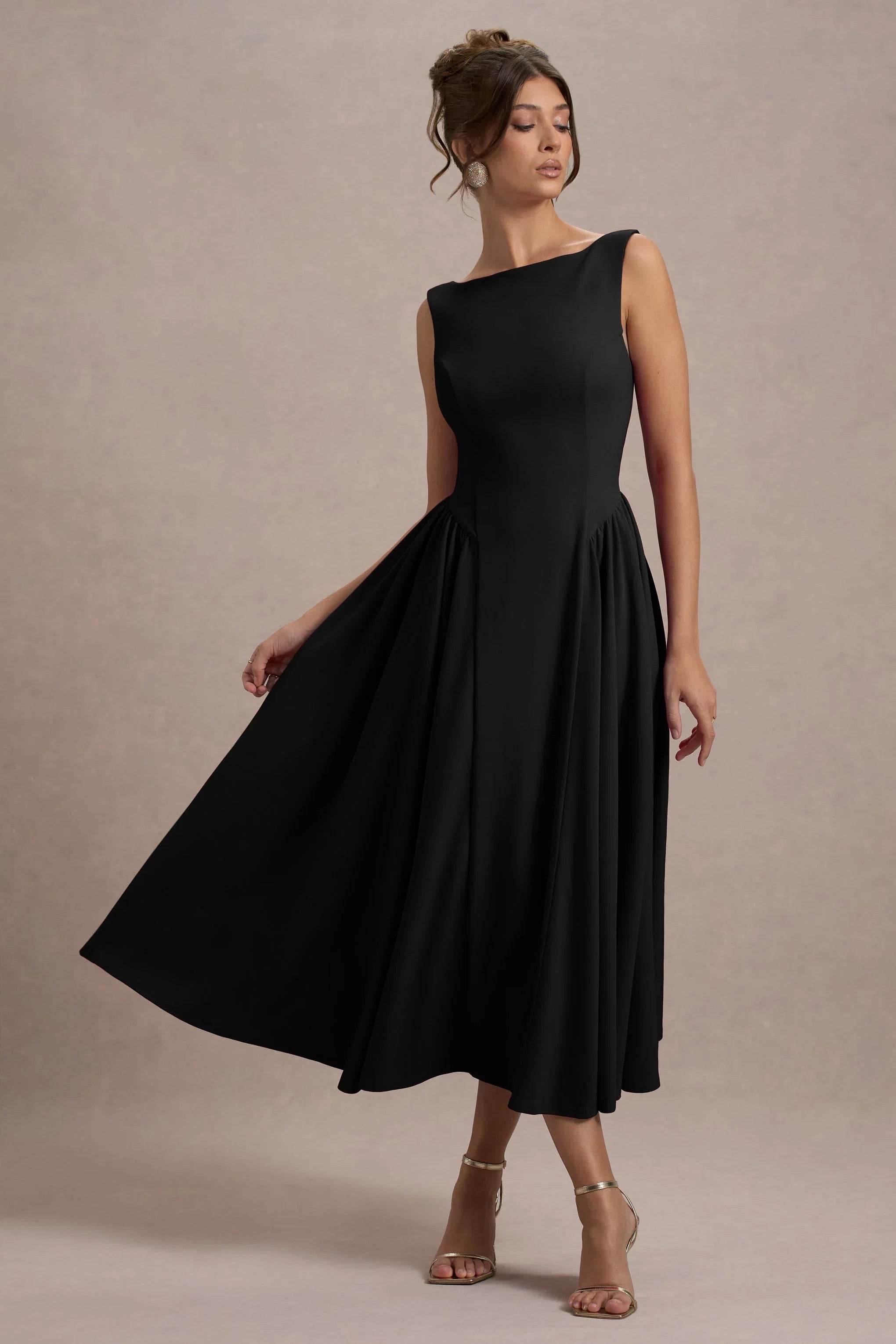 Muriel Black Boat Neck Volume Hem Midi Dress