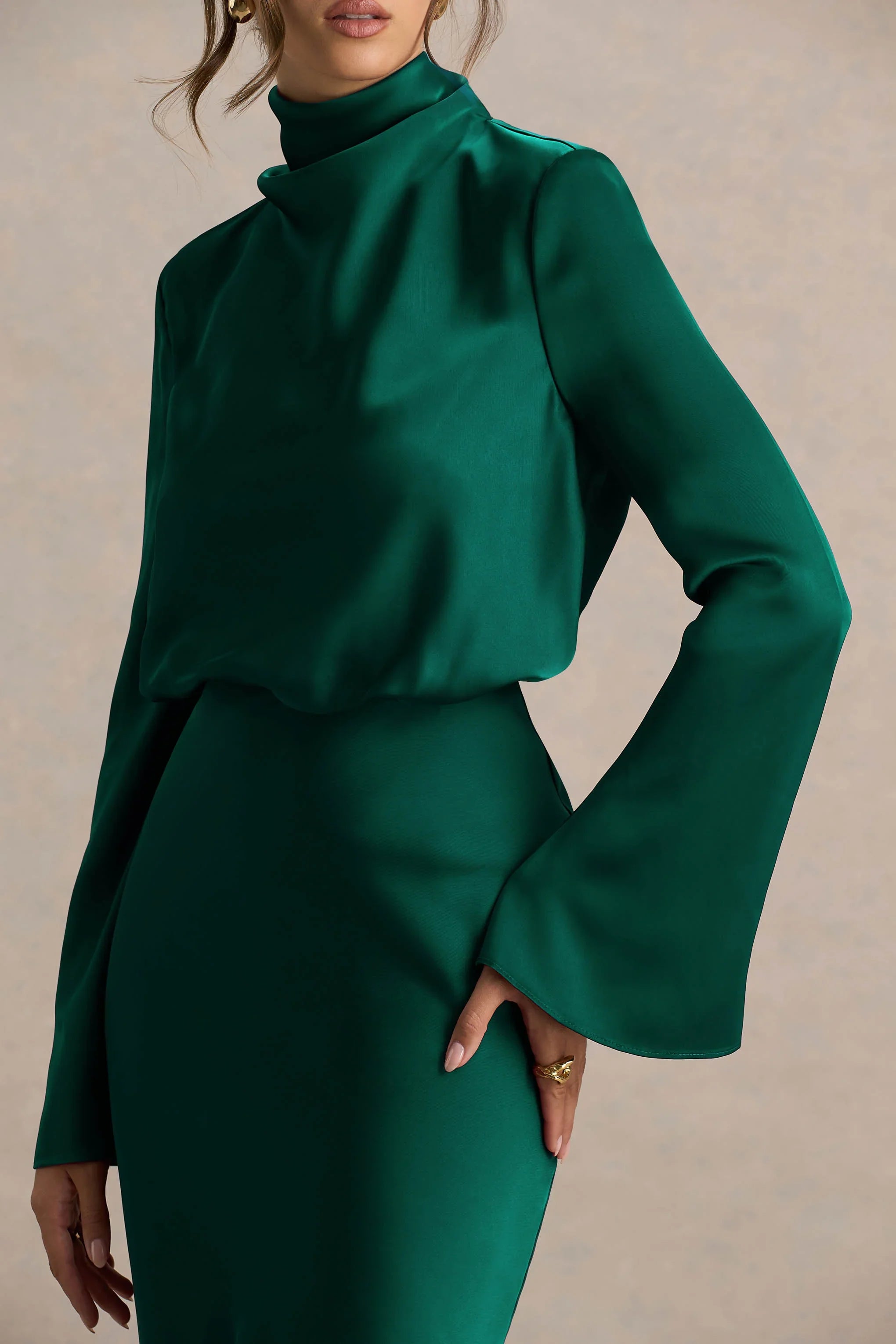 Celina Bottle Green Satin High Neck Maxi Dress