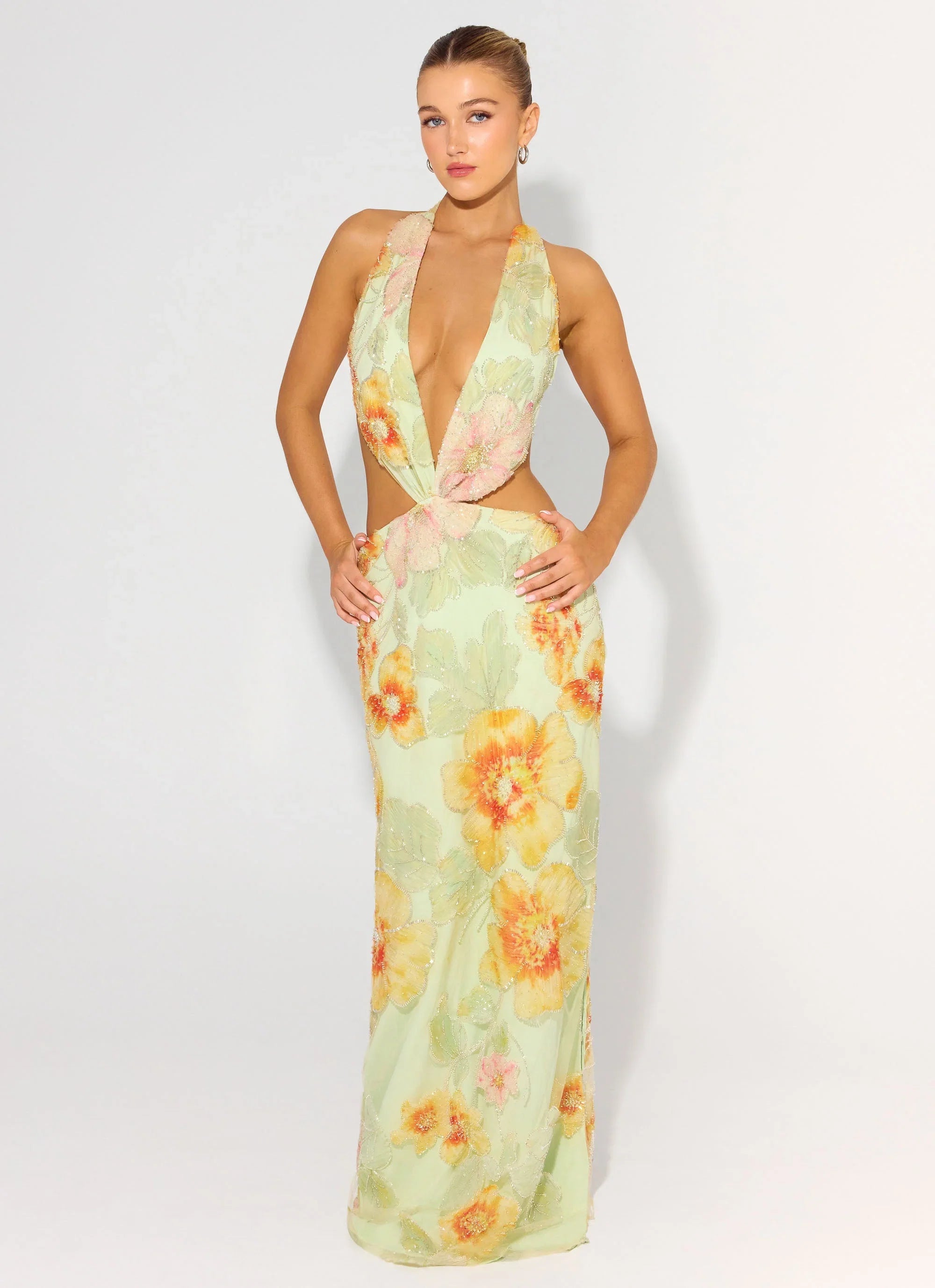 Really Something Beaded Maxi Dress Green Floral Beaded