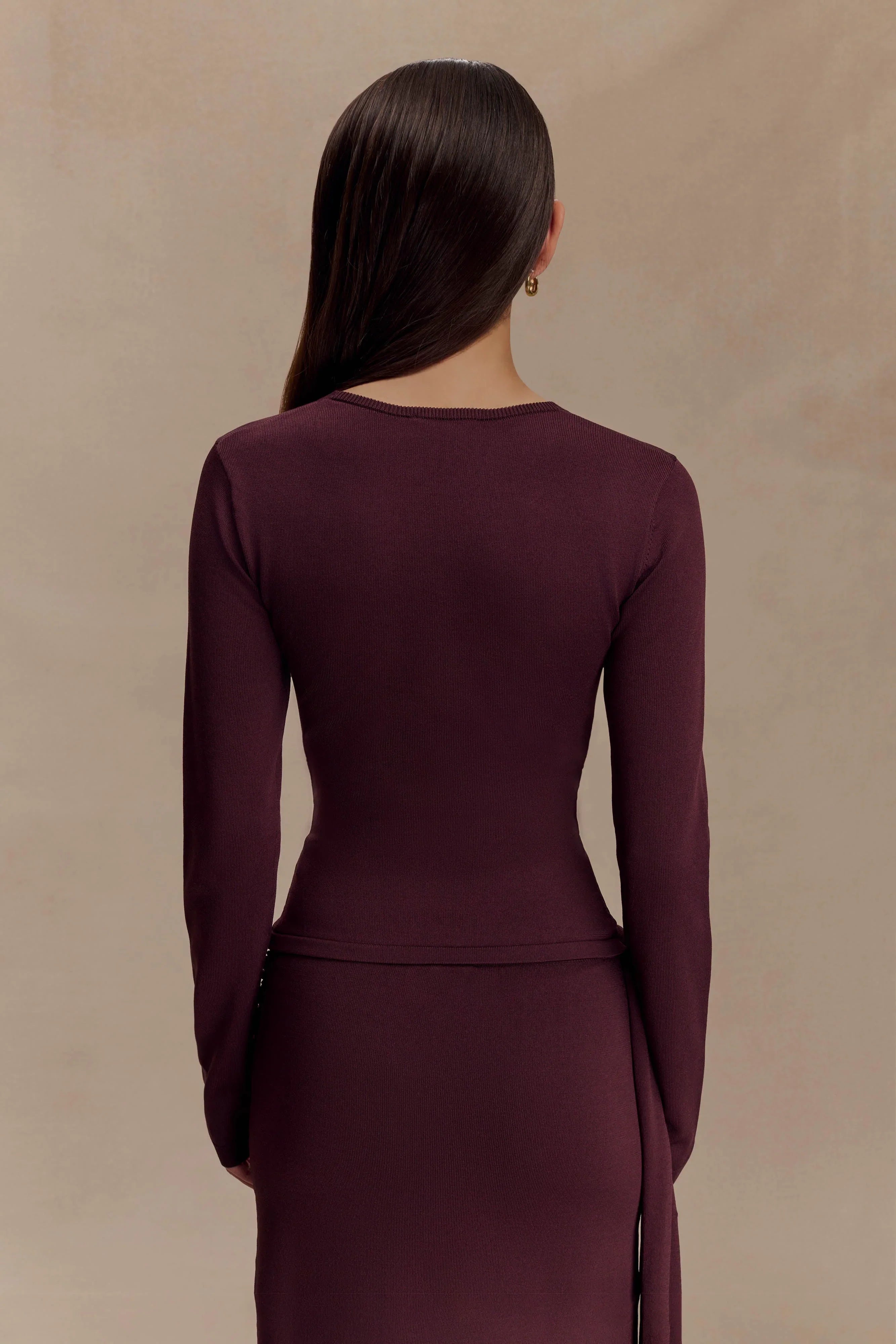 Miraby Front Ruched Knit Long Sleeve Top Dark Chocolate
