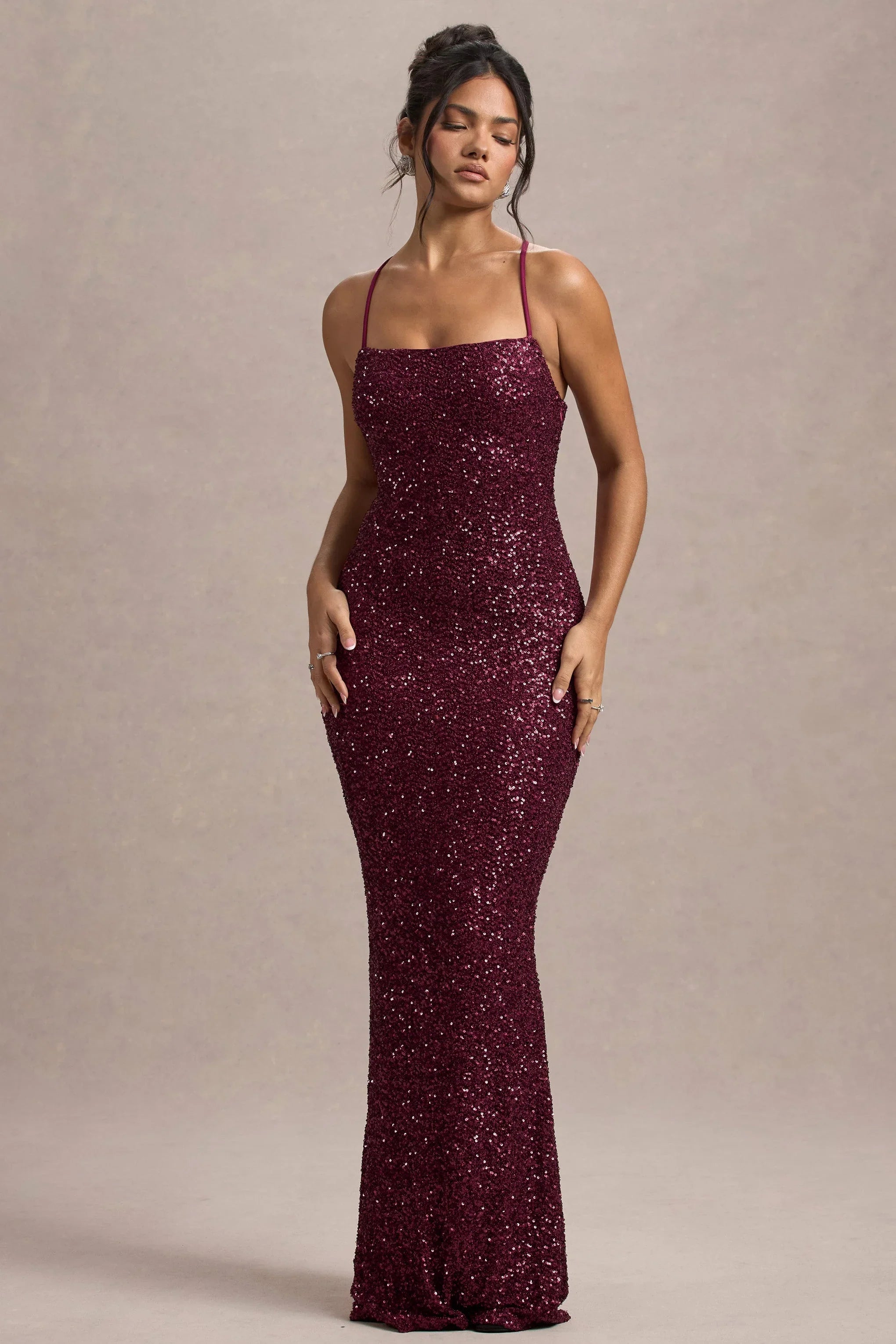 Cosmic Berry Sequin Square Neck Strappy Maxi Dress