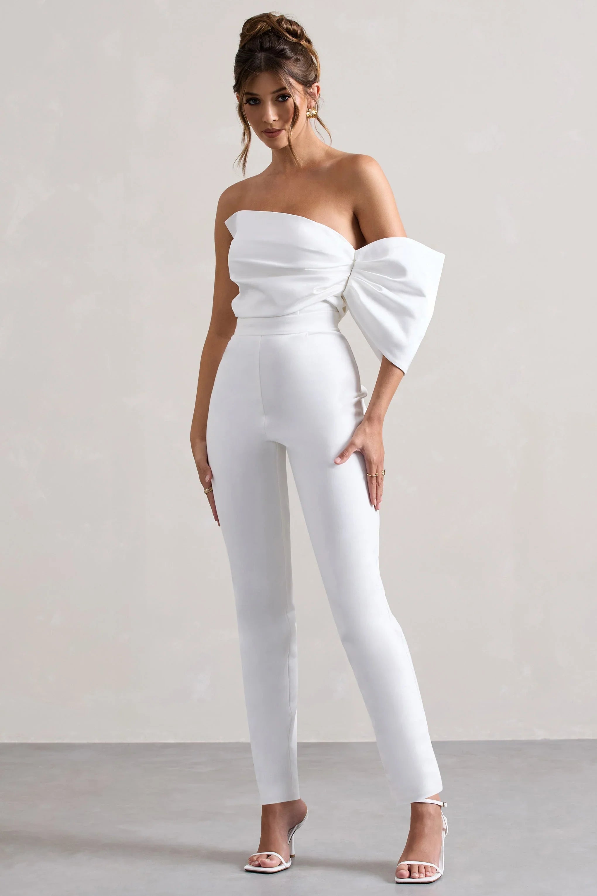 Adabella White Satin Strapless One Sleeve Straight Leg Jumpsuit