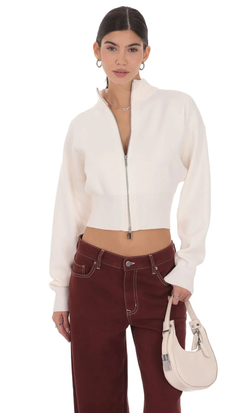 Knit Mock Neck Zip Up Cardigan in Ivory