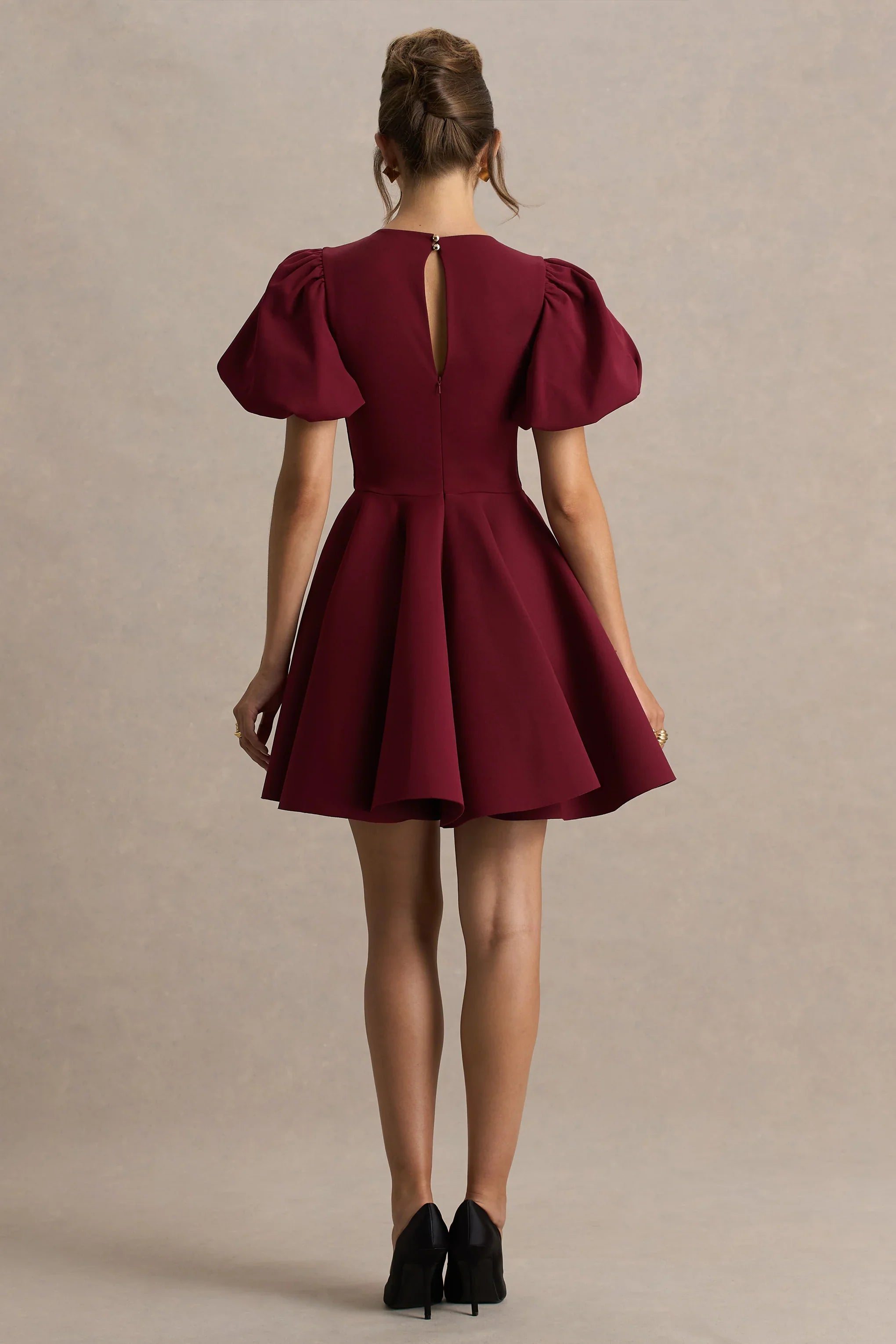 Emelia Burgundy Puff Sleeve Skater Mini Dress