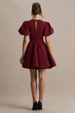 Emelia Burgundy Puff Sleeve Skater Mini Dress